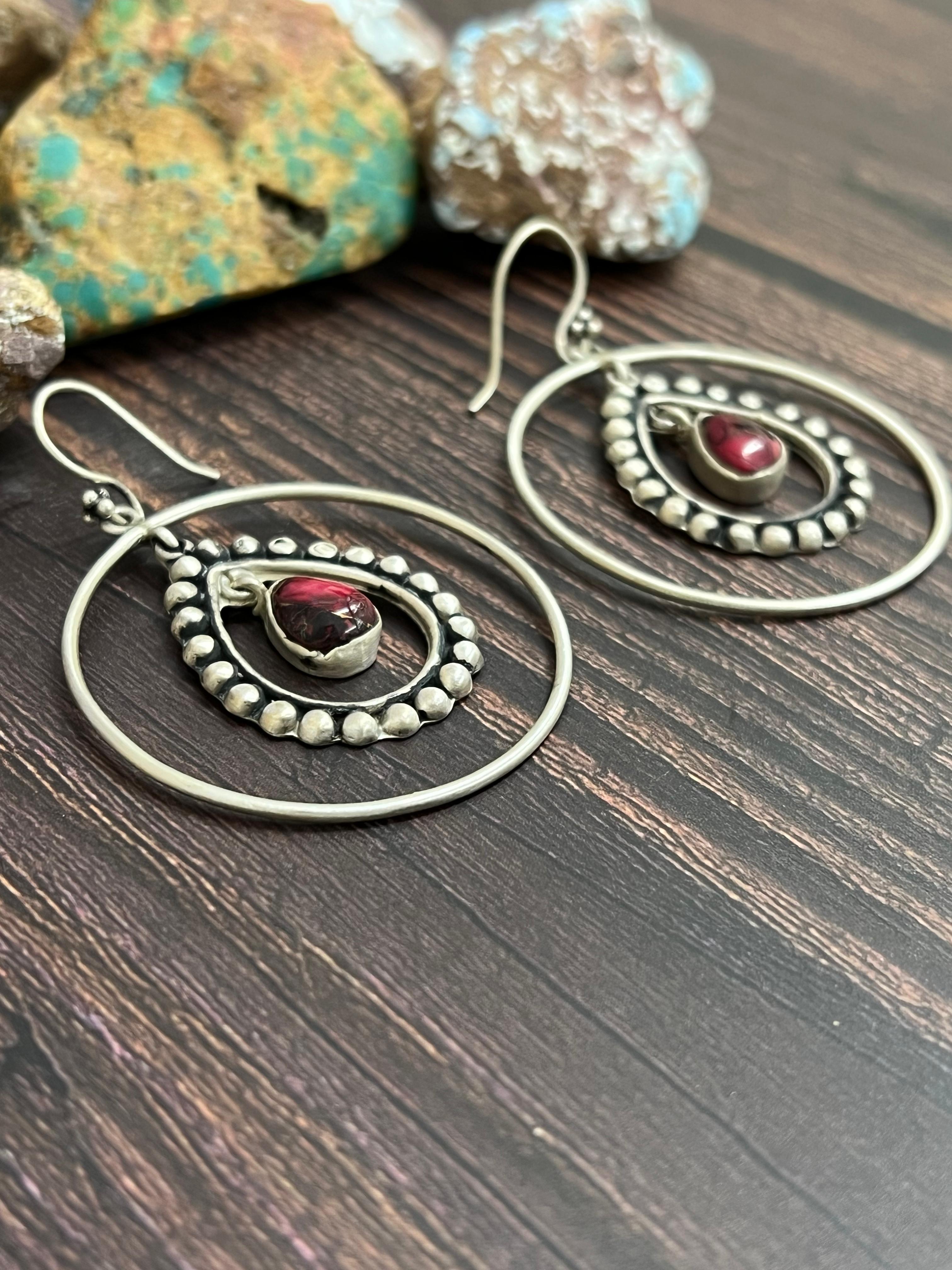 Handmade Sterling Silver Dahlia Rose Hoop Earrings with Signed Nizhoni