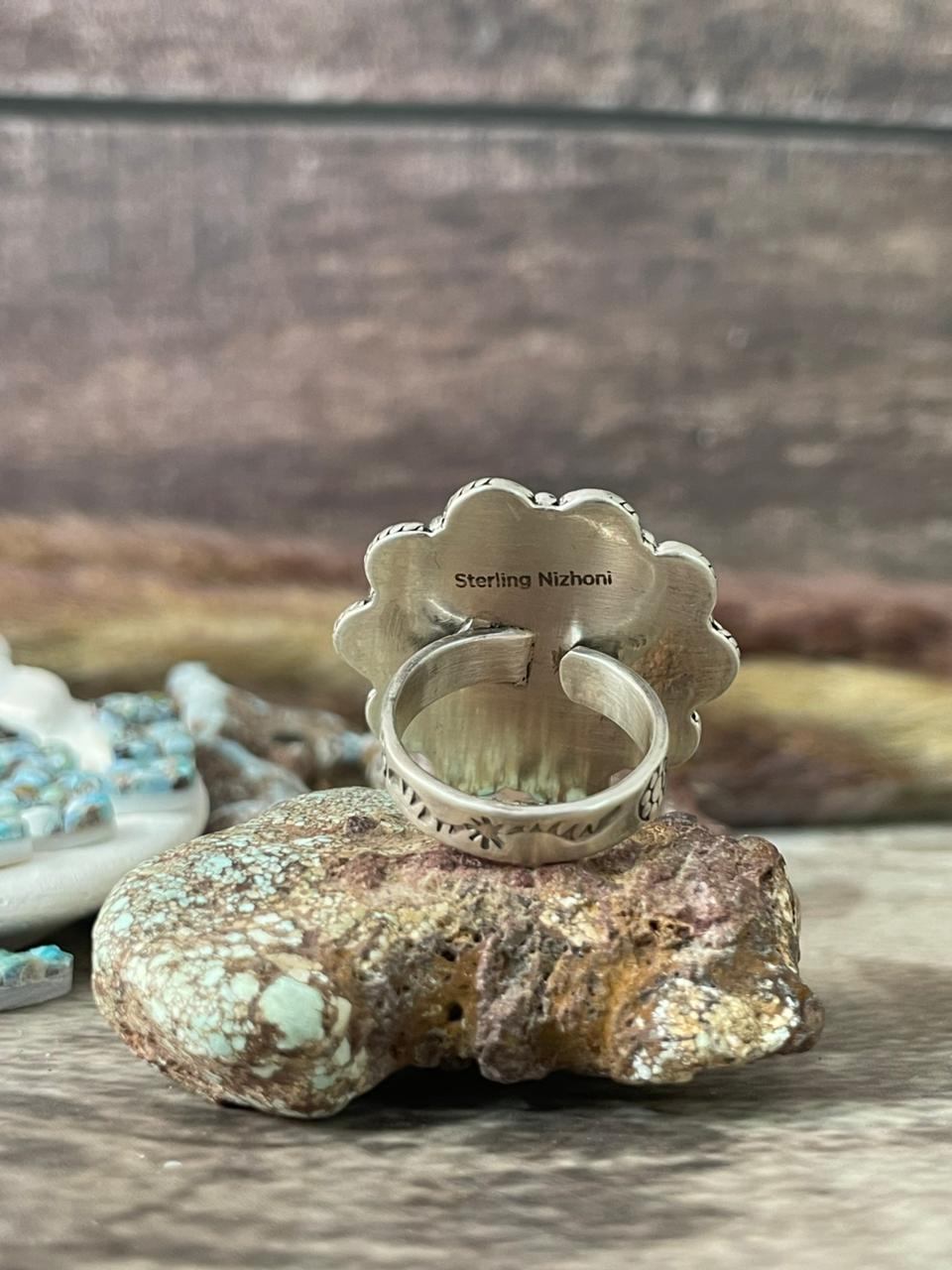Handmade Sterling Silver 'Golden Hills Turquoise Cobble Collection' Adjustable Ring "Signed Nizhoni"