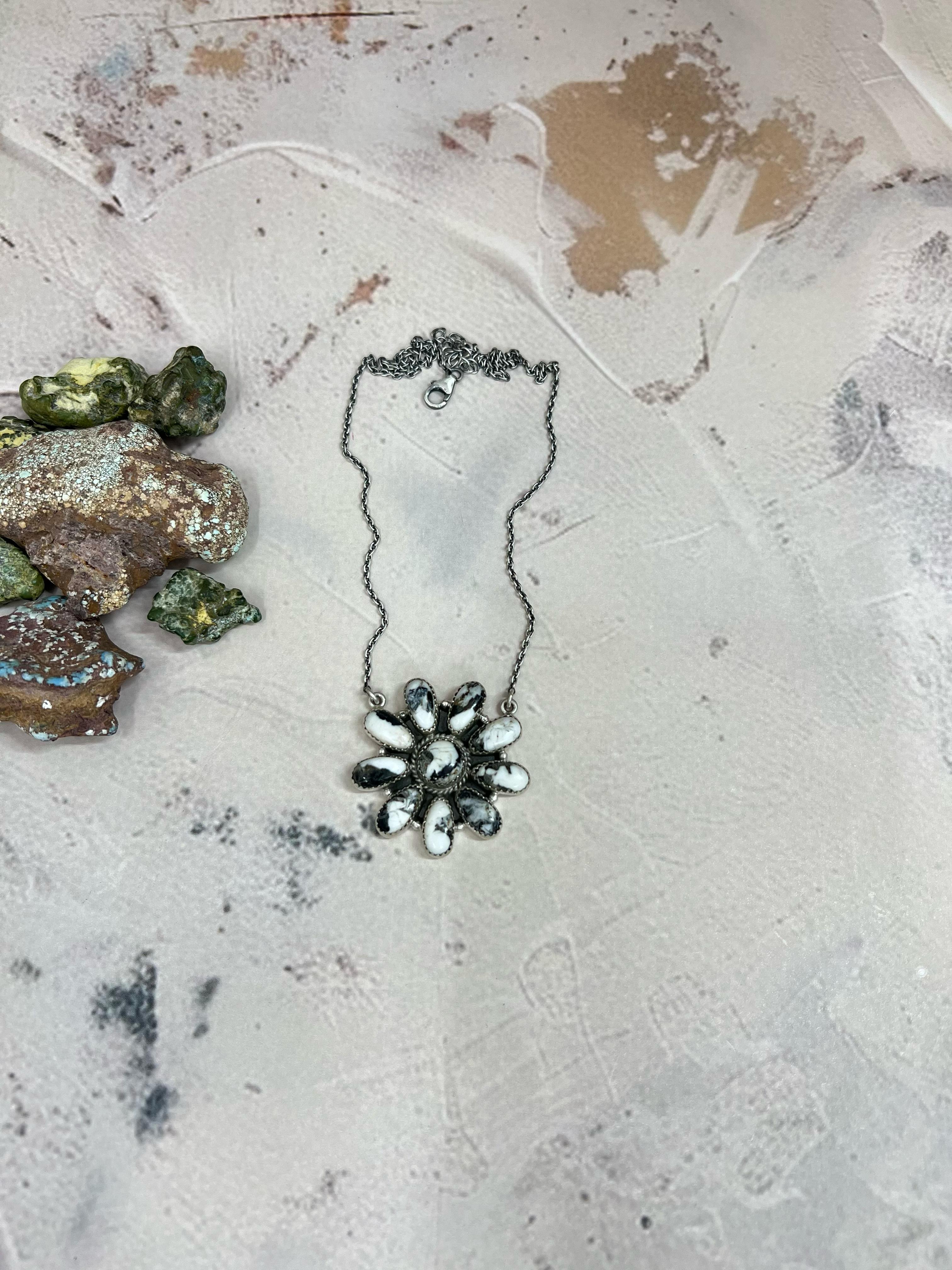 Handmade Sterling Silver White Buffalo Turquoise Flower Necklace with Signed Nizhoni