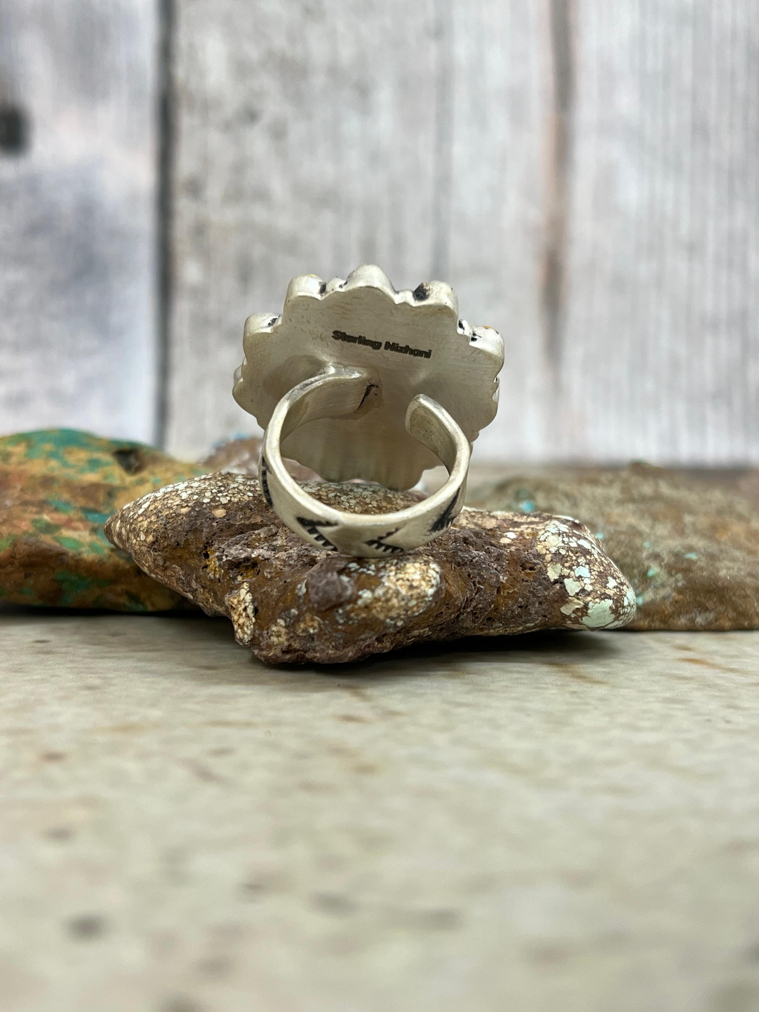 Handmade Sterling Silver Honey Dahlia Adjustable Ring with Signed Nizhoni