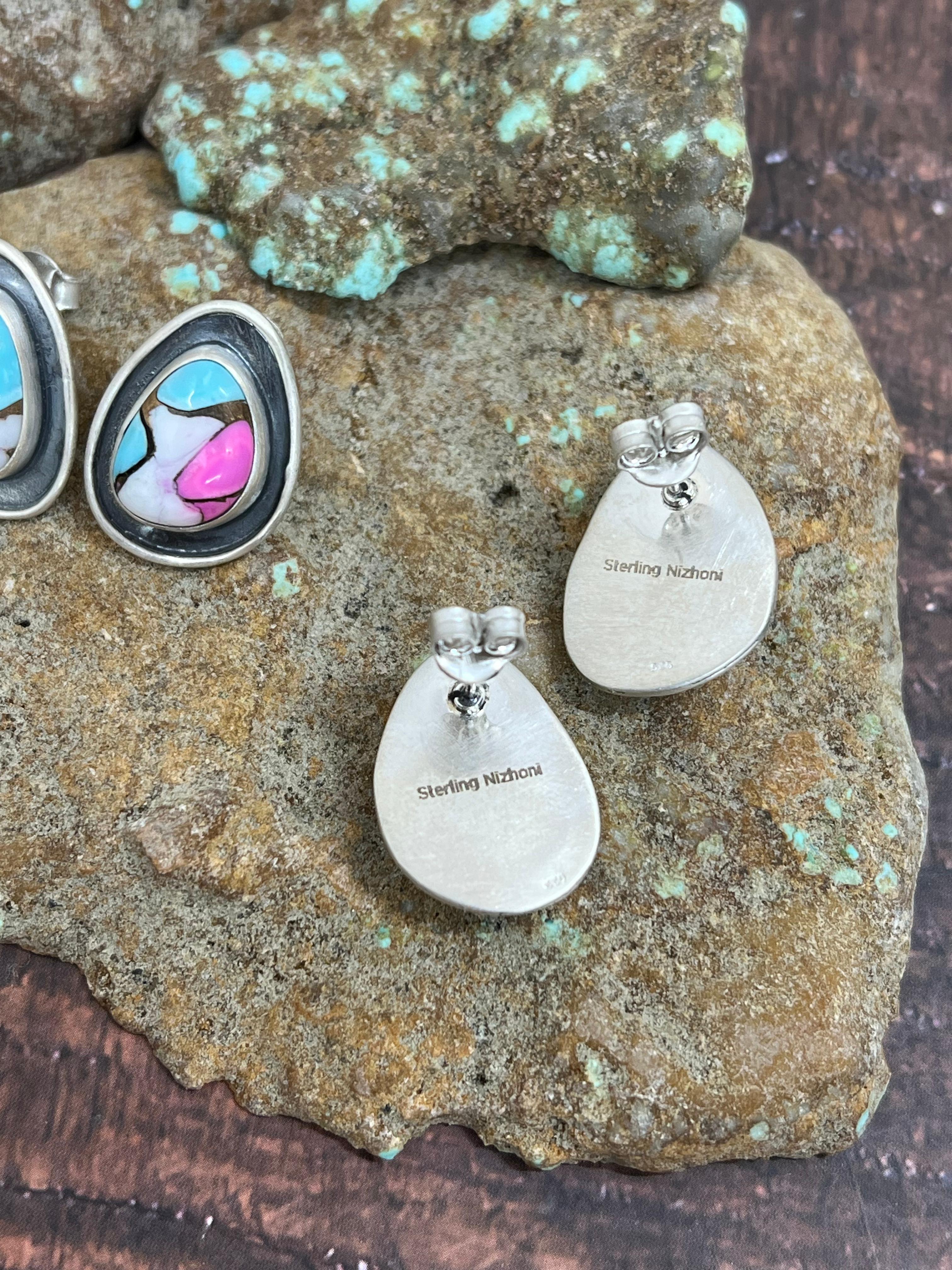 Handmade Sterling Silver Cotton Candy Turquoise, Peacock Dahlia Post Earrings, Signed Nizhoni