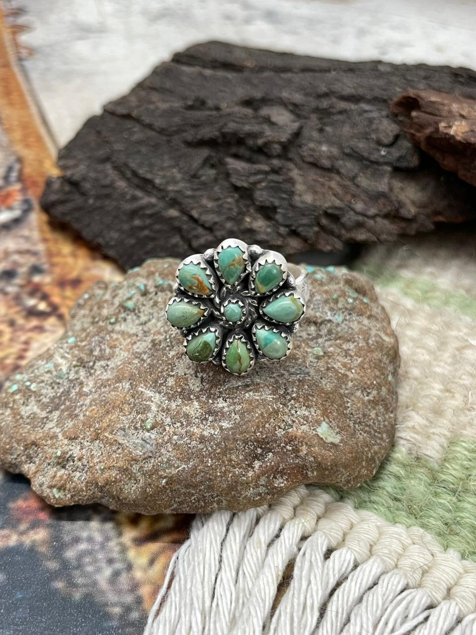 Handmade Sterling Silver Kingman Turquoise Adjustable Ring "Signed Nizhoni"