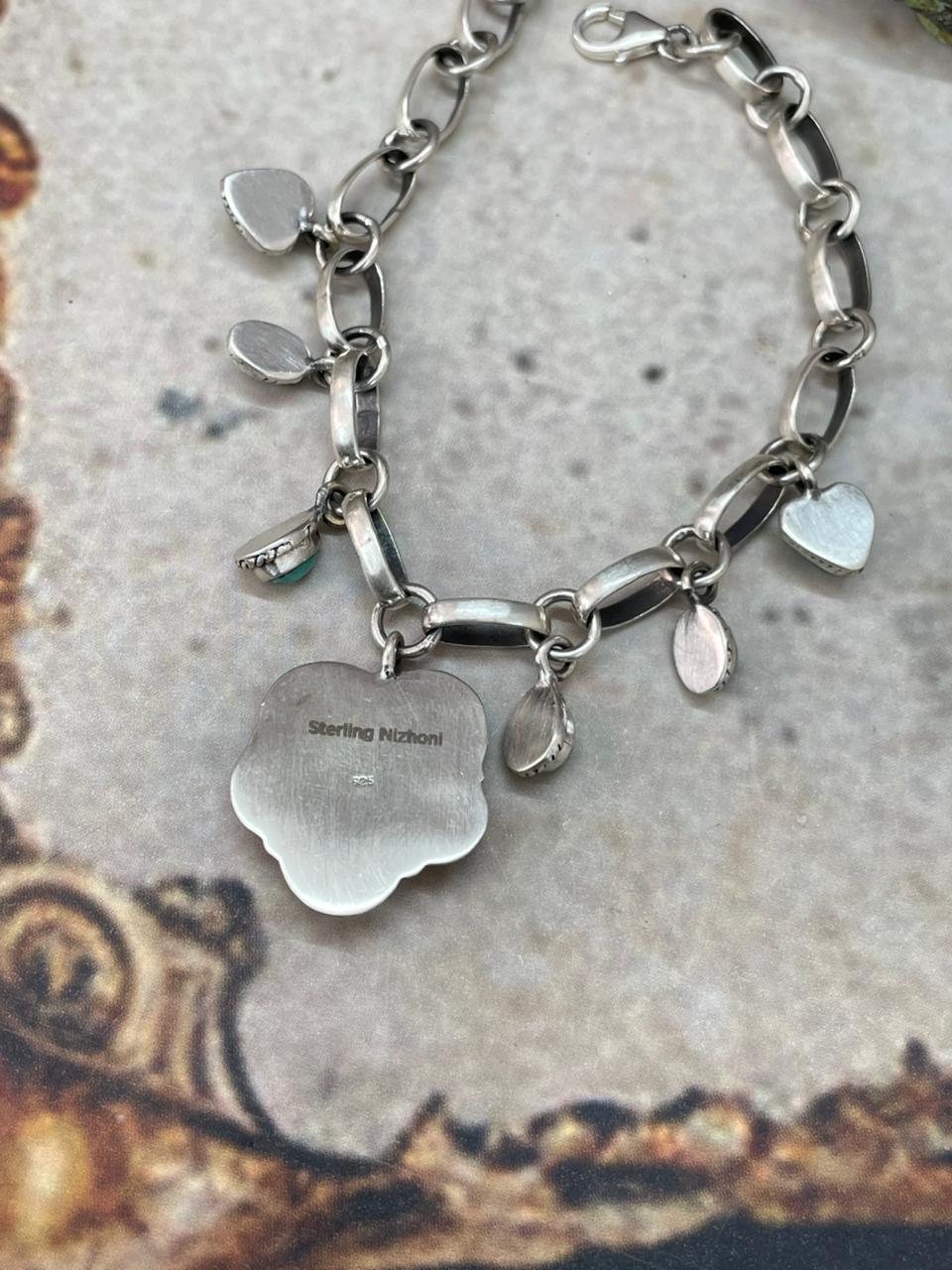 "Heart Collection" Handmade Sterling Silver Kingman Turquoise Chain Bracelet "Signed Nizhoni"