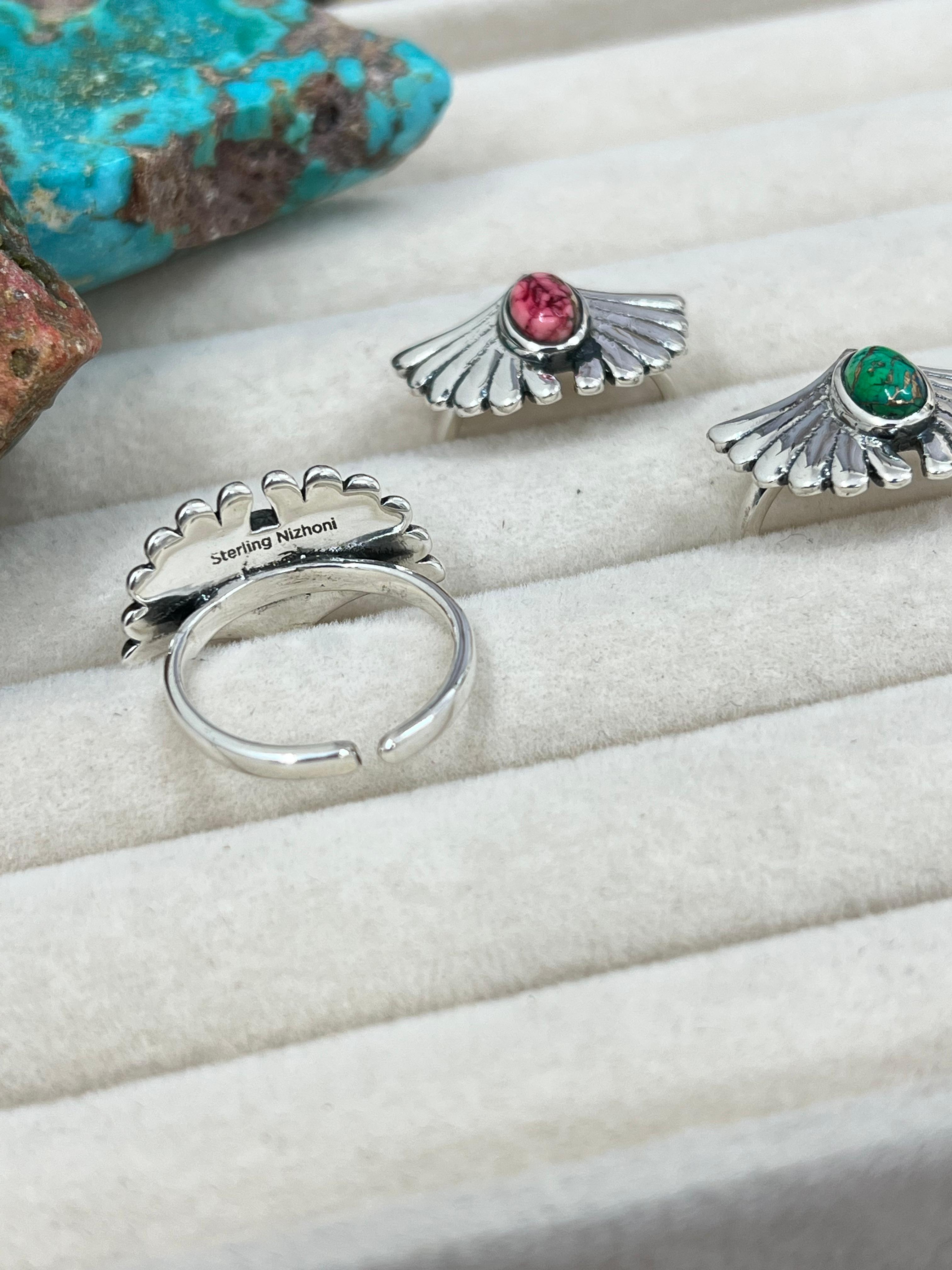 Handmade Sterling Silver Peacock Dahlia, Cotton Candy Turquoise, Dahlia Rose Adjustable Ring, Signed Nizhoni