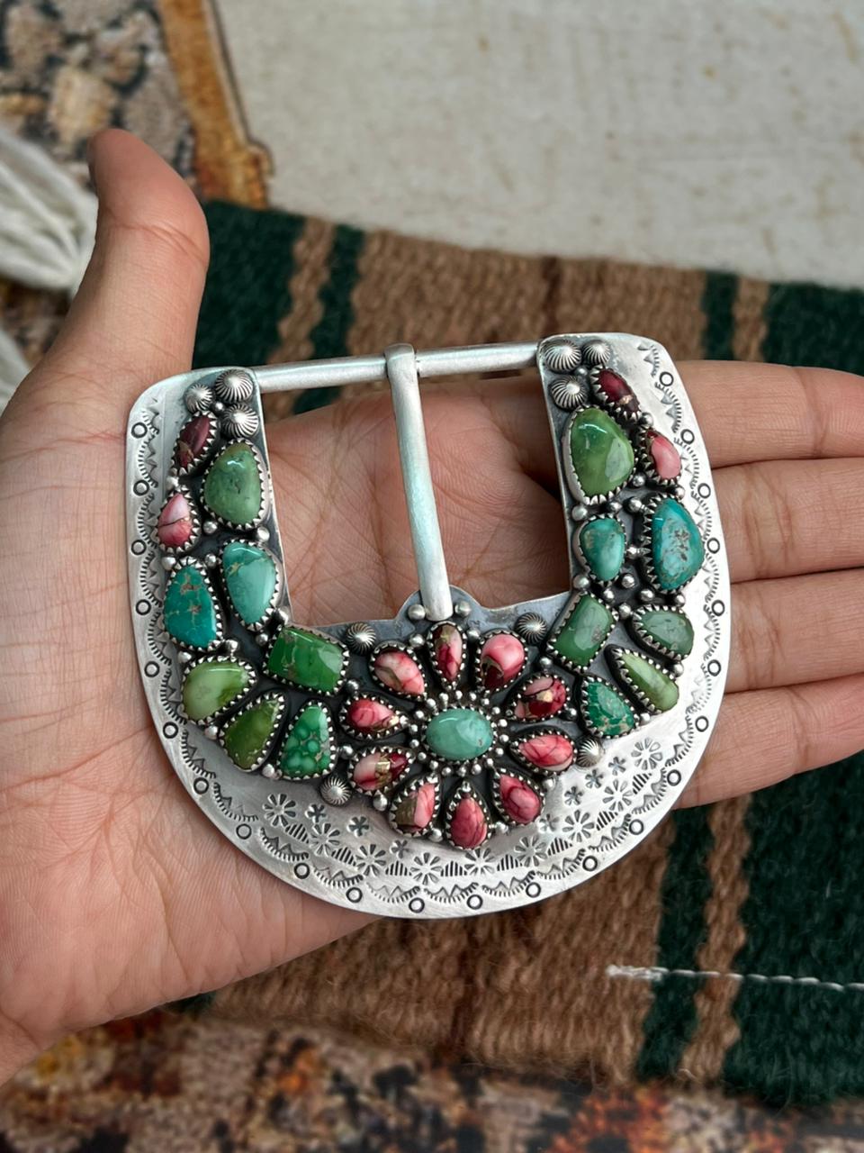 Handmade Sterling Silver Dahlia Rose with Emerald Valley Turquoise Buckle "Signed Nizhoni"