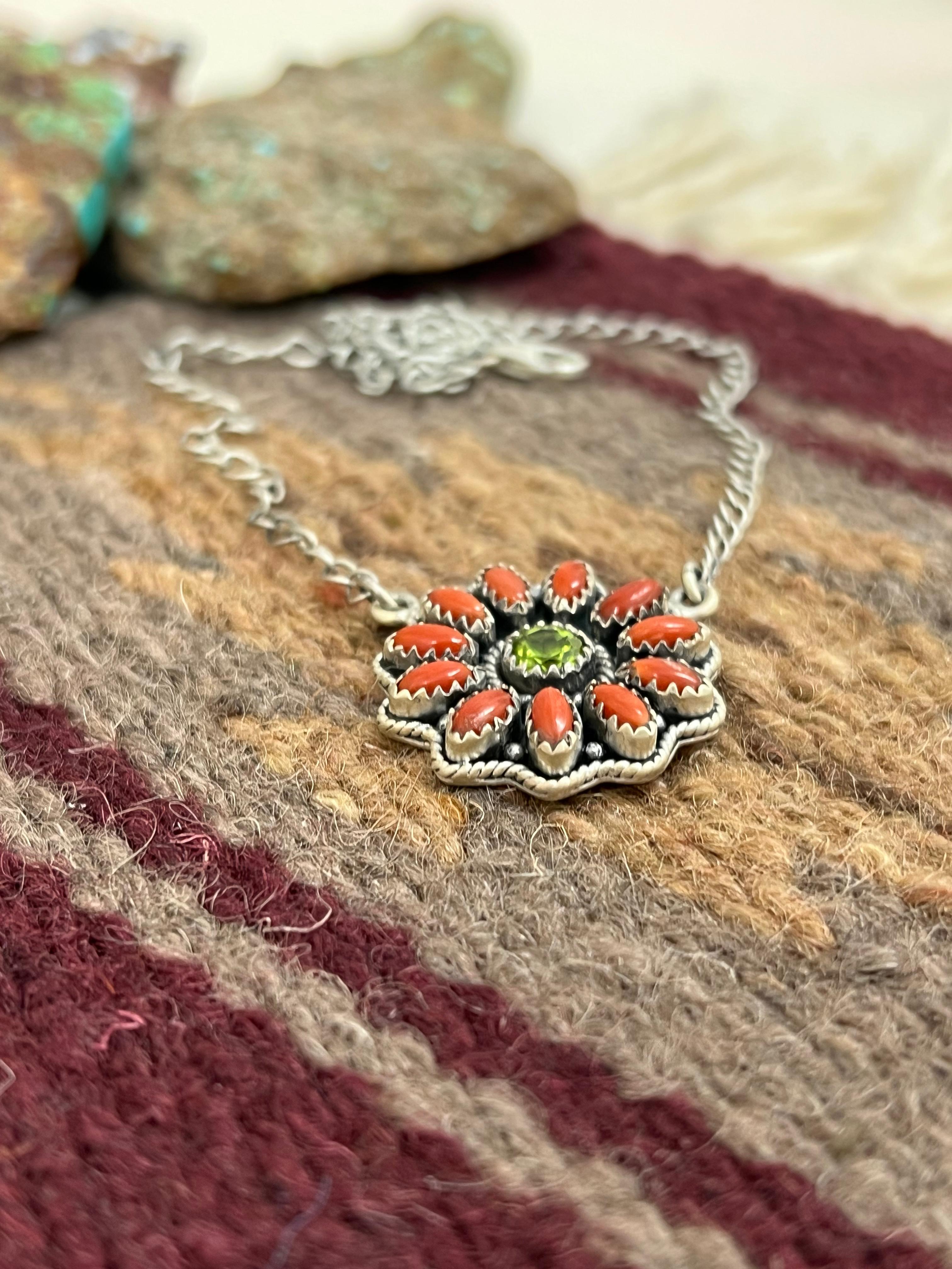 Christmas Collection Handmade Sterling Silver Coral with Peridot Necklace with Signed Nizhoni