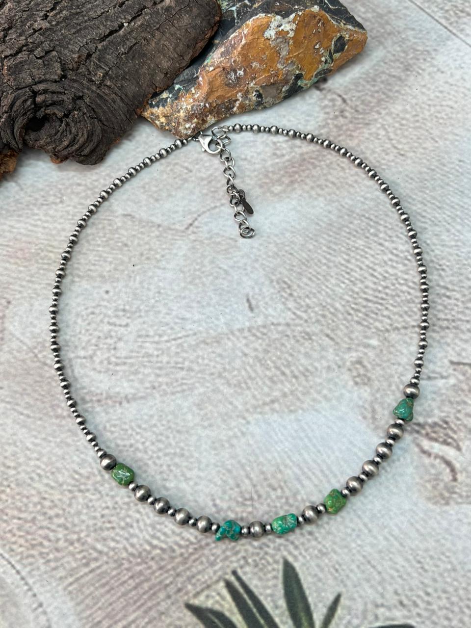 Handmade Sterling Silver Beaded Emerald Valley Turquoise Necklace "Signed Nizhoni"
