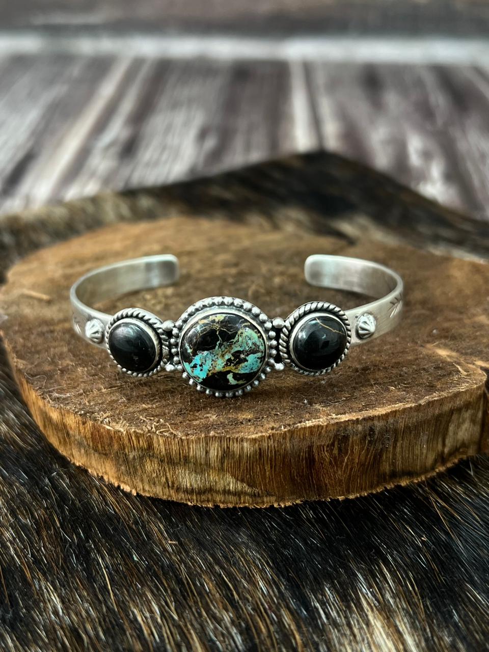 Handmade Sterling Silver Blackjack Turquoise Bracelet "Signed Nizhoni"