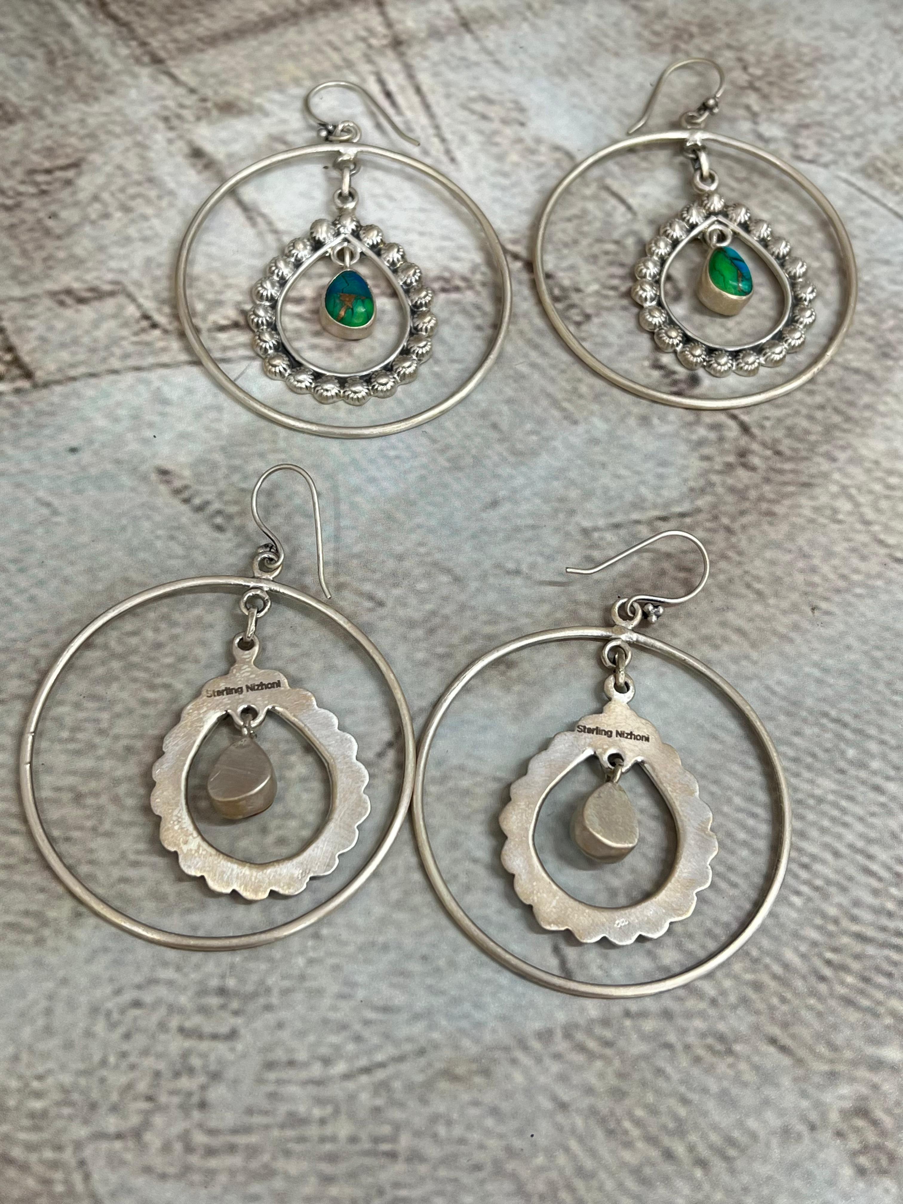 Handmade Sterling Silver Peacock Dahlia, Cotton Candy Turquoise Hoop Earrings with Signed Nizhoni (5)