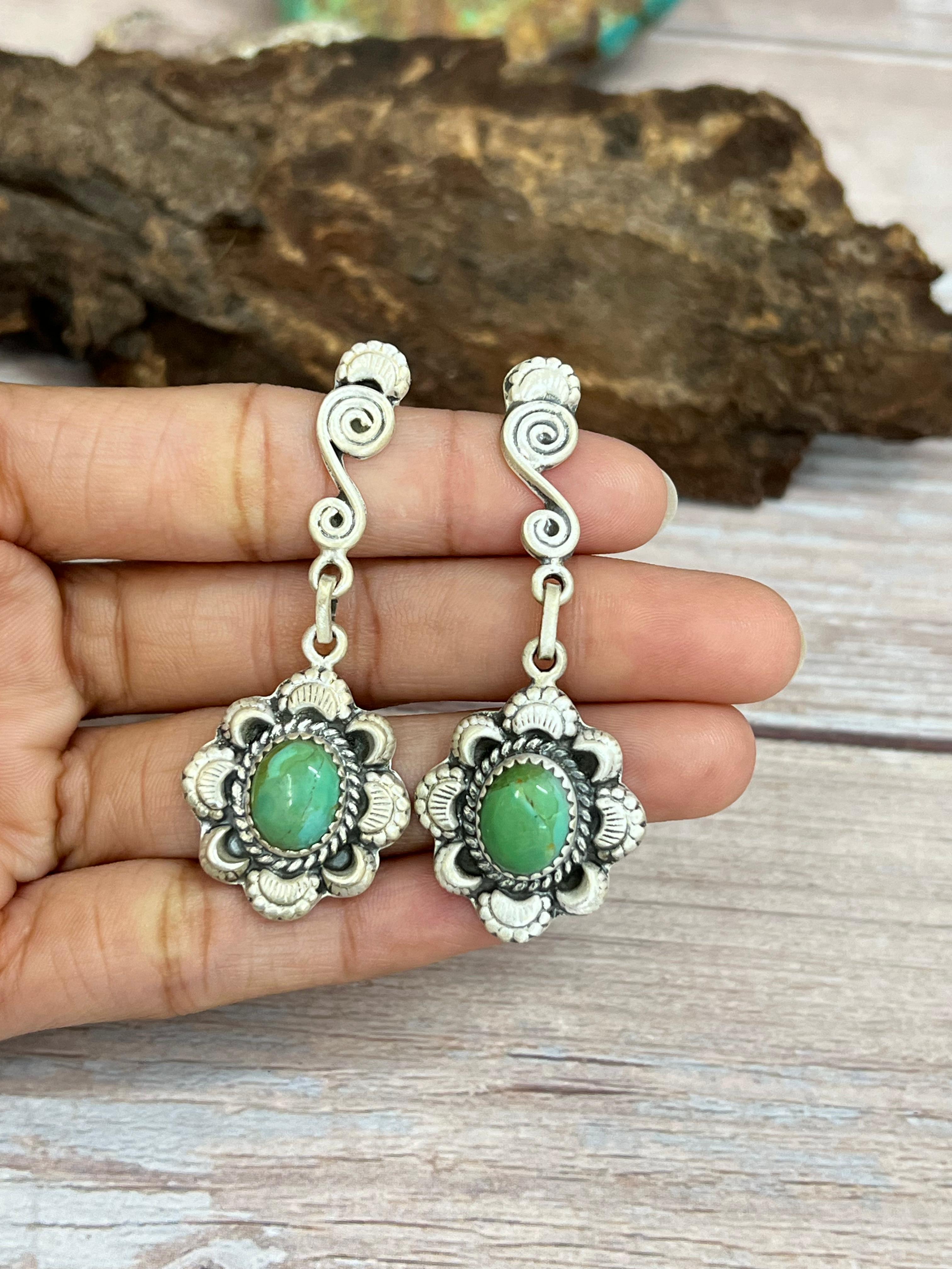 Handmade Sterling Silver Kingman Turquoise Post Dangle Earrings with Signed Nizhoni