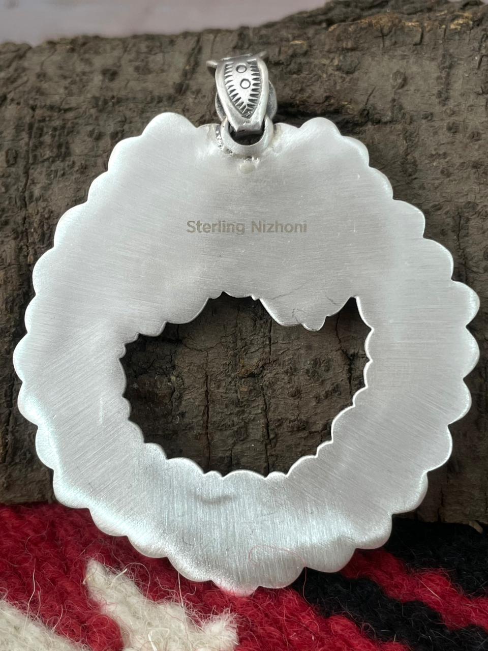 Handmade Sterling Silver Dahlia Rose with Emerald Valley Turquoise Pendant "Signed Nizhoni"