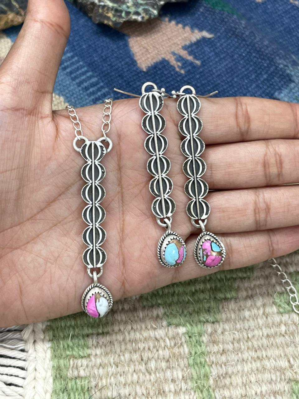 Handmade Sterling Silver Cotton Candy Necklace Earrings Set "Signed Nizhoni"