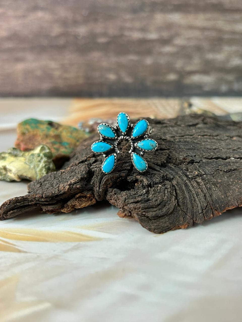 Handmade Sterling Silver Blue Turquoise Adjustable Ring "Signed Nizhoni"
