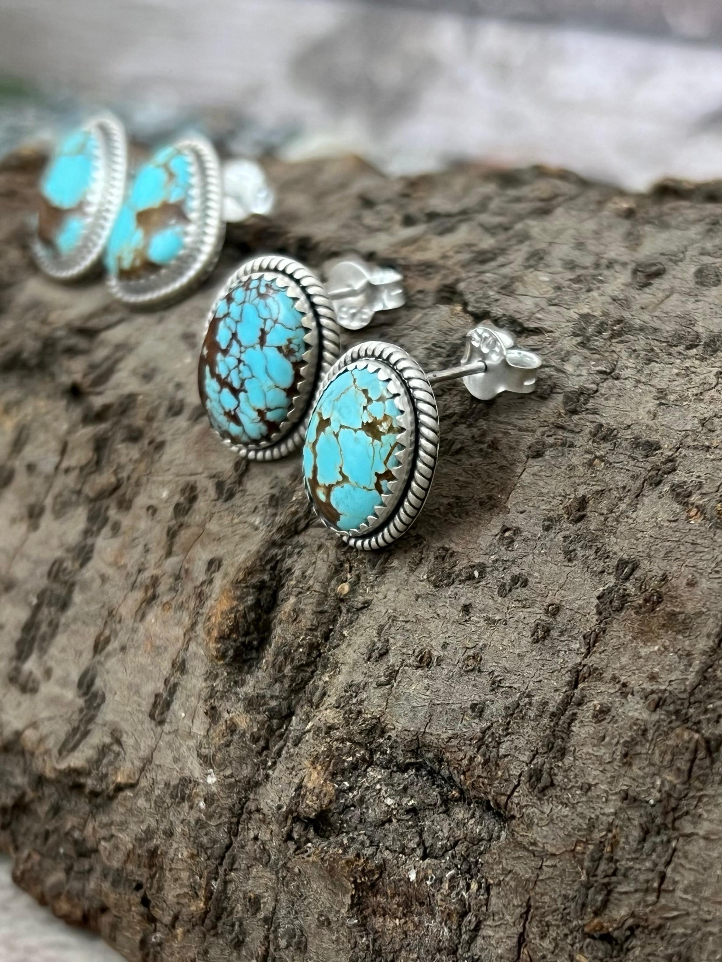 Handmade Sterling Silver Number 8 Turquoise Studs with Signed Nizhoni