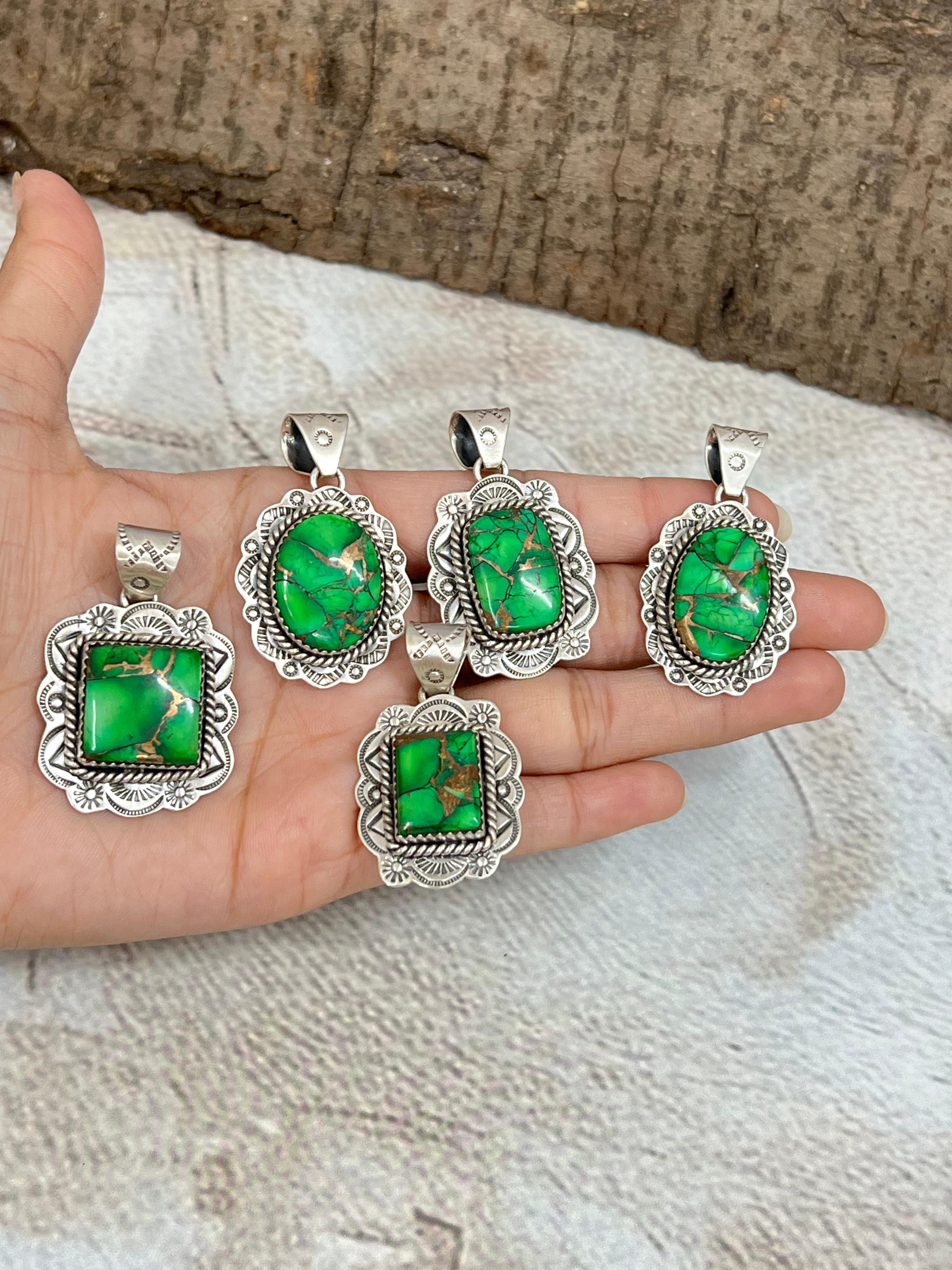 Handmade Sterling Silver Kelly Green Dahlia Pendant with Signed Nizhoni