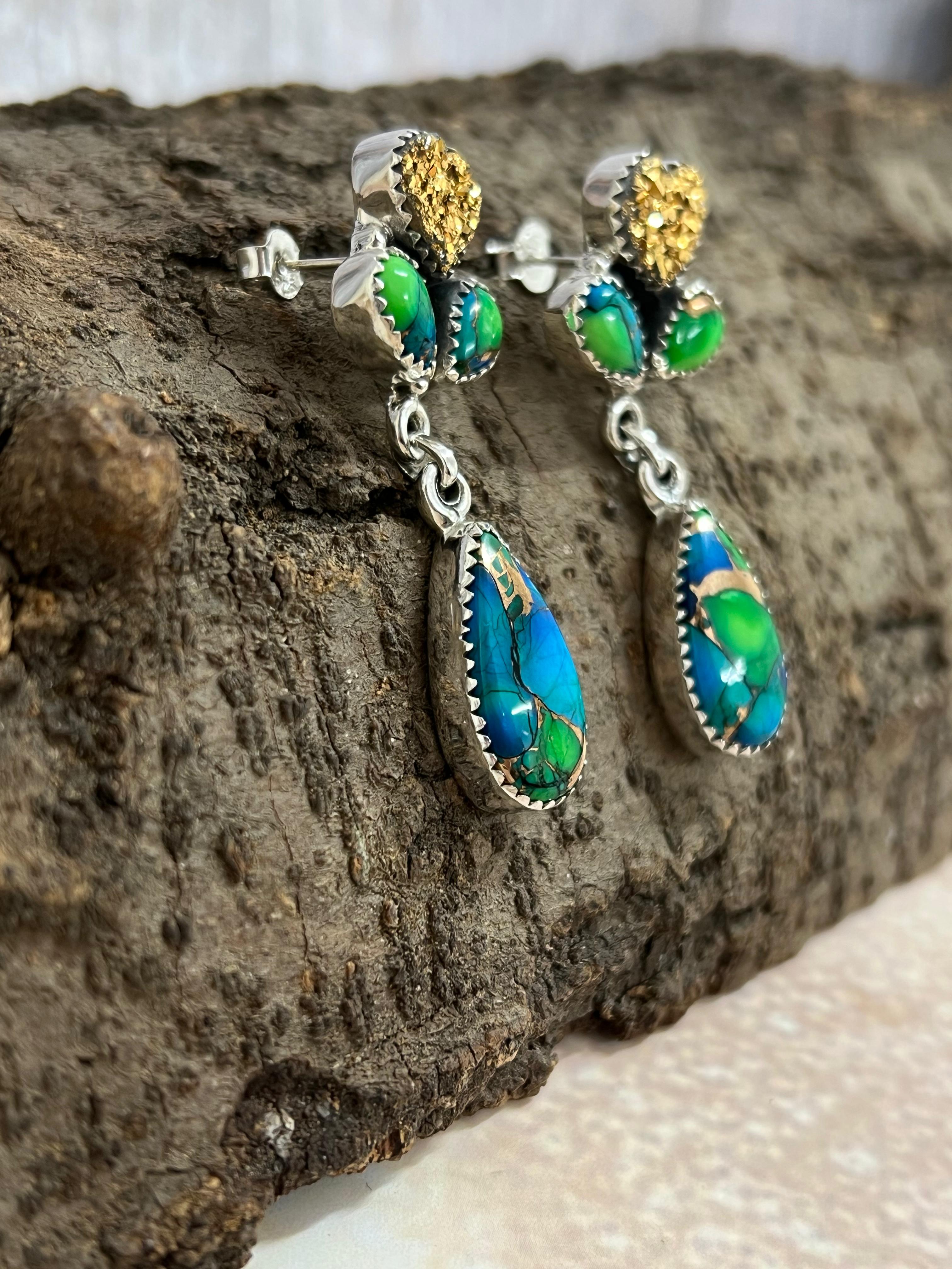 Handmade Sterling Silver Peacock Dahlia with Druzy Dangle Earrings with Signed Nizhoni