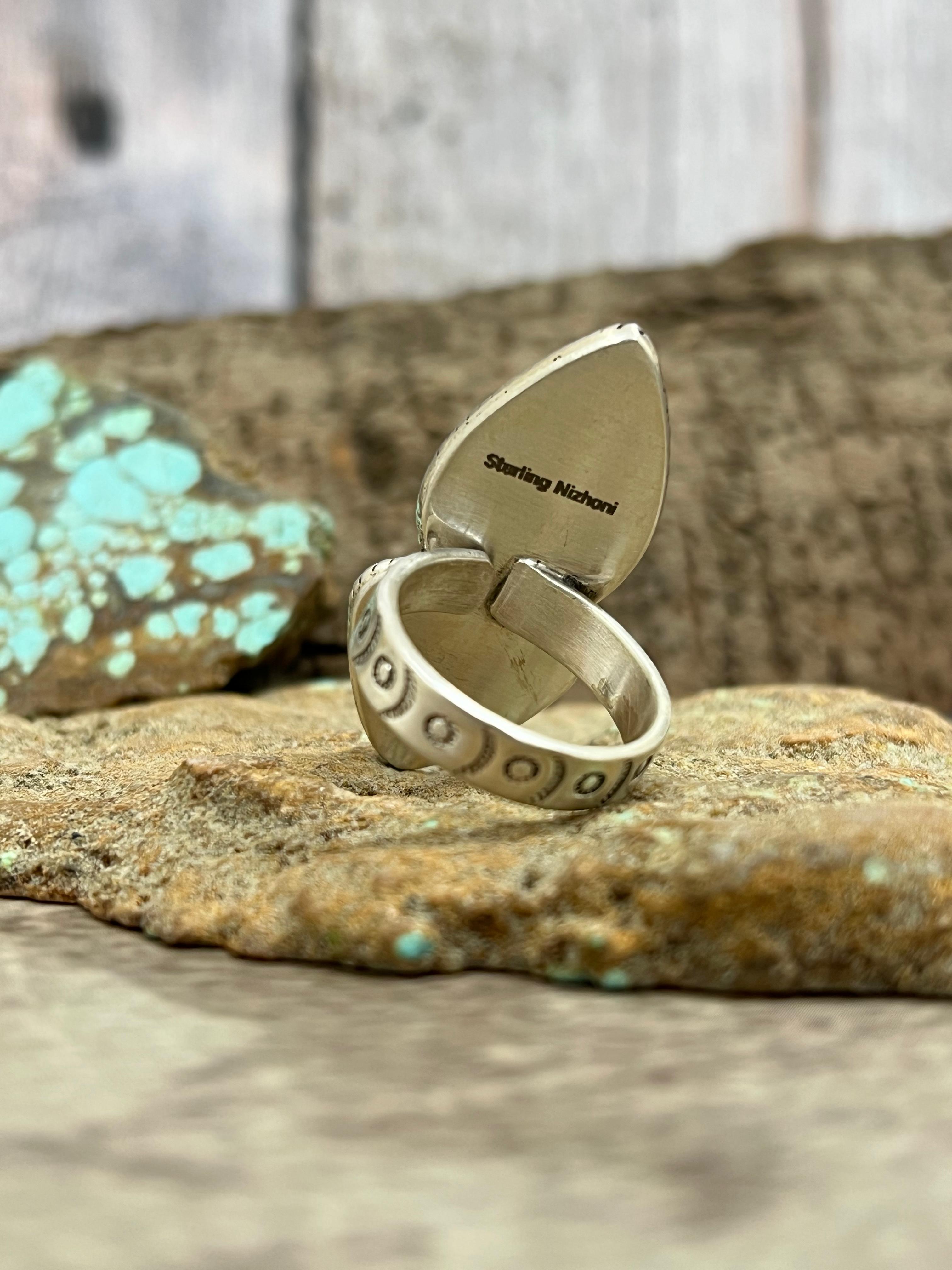 Handmade Sterling Silver Number 8 Turquoise Adjustable Ring with Signed Nizhoni