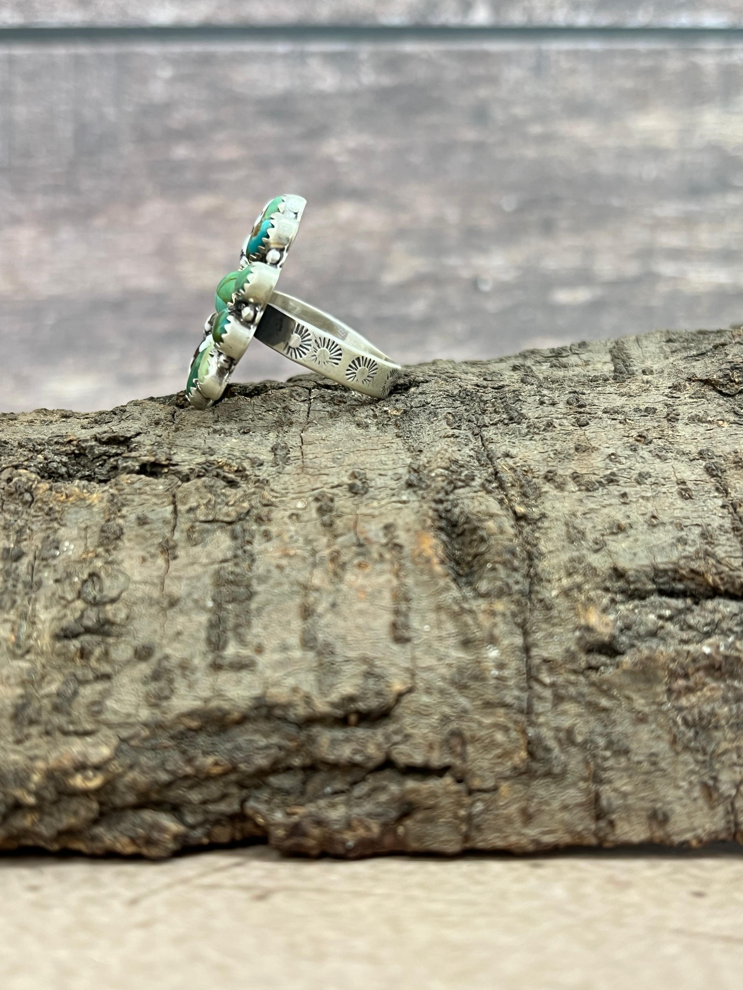 Handmade Sterling Silver Kingman Turquoise, Wild Horse Adjustable Ring with Signed Nizhoni