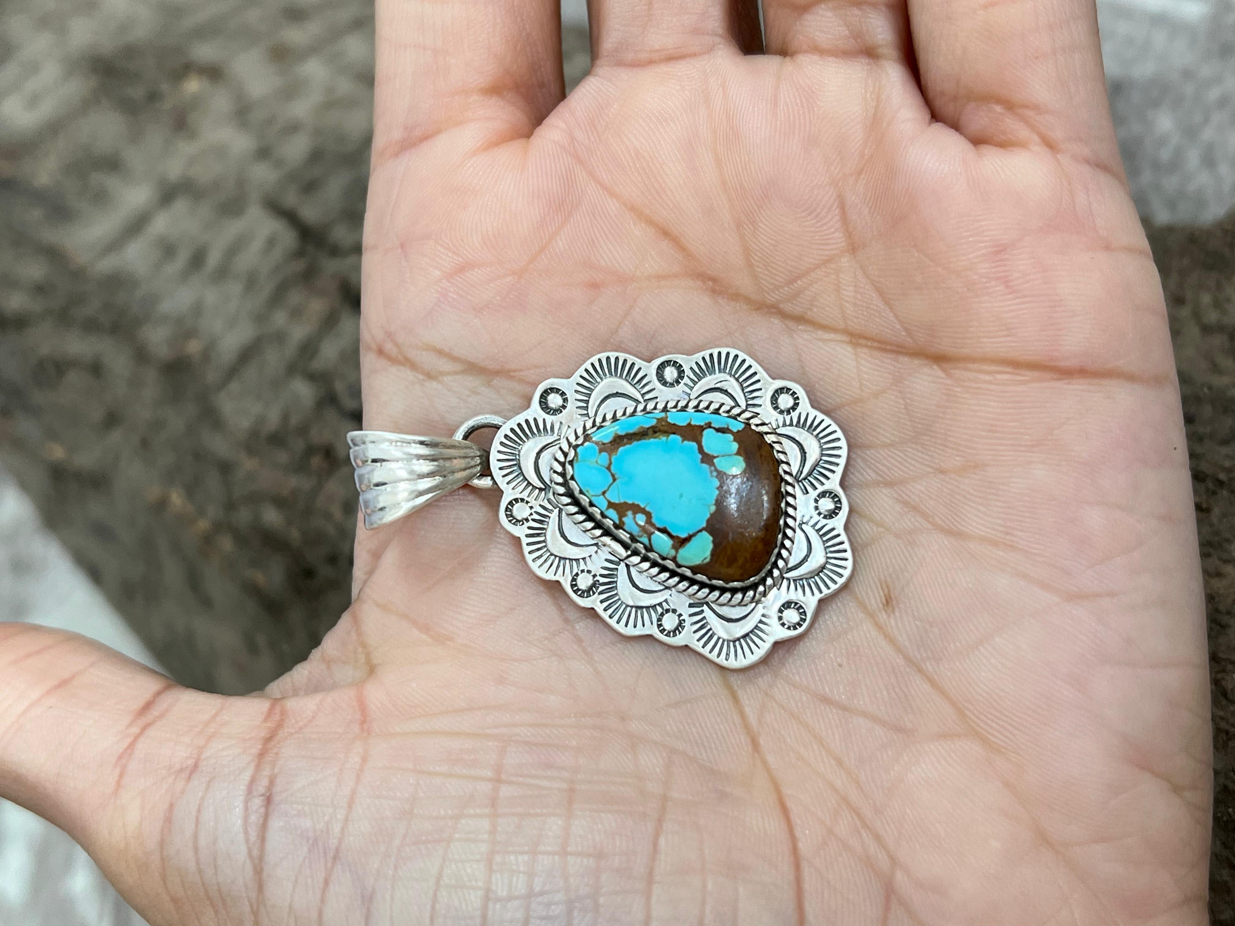 Handmade Sterling Silver Number 8 Turquoise Pendant with Signed Nizhoni