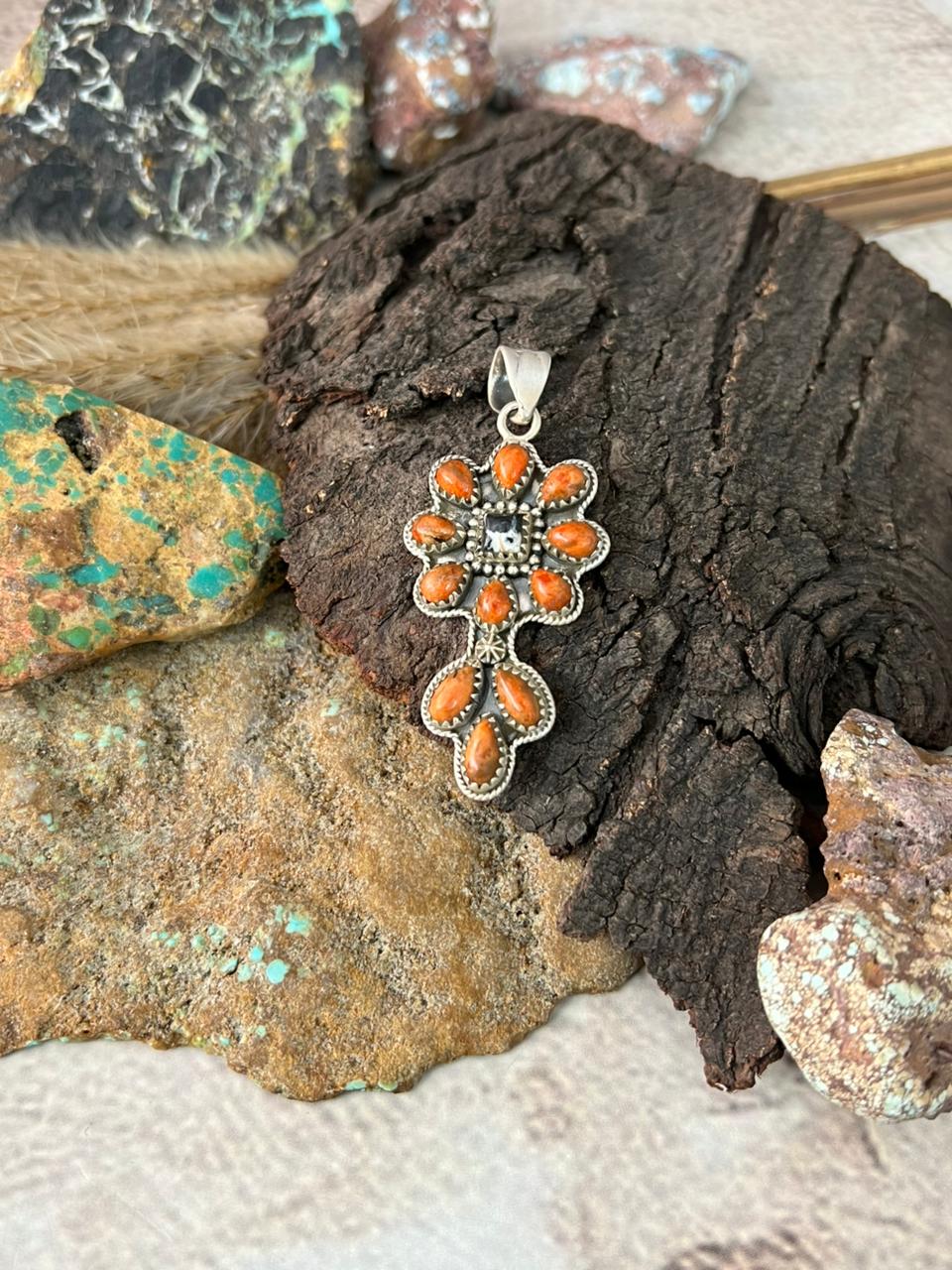 Handmade Sterling Silver Orange Mojave with White Buffalo Pendant "Signed Nizhoni"