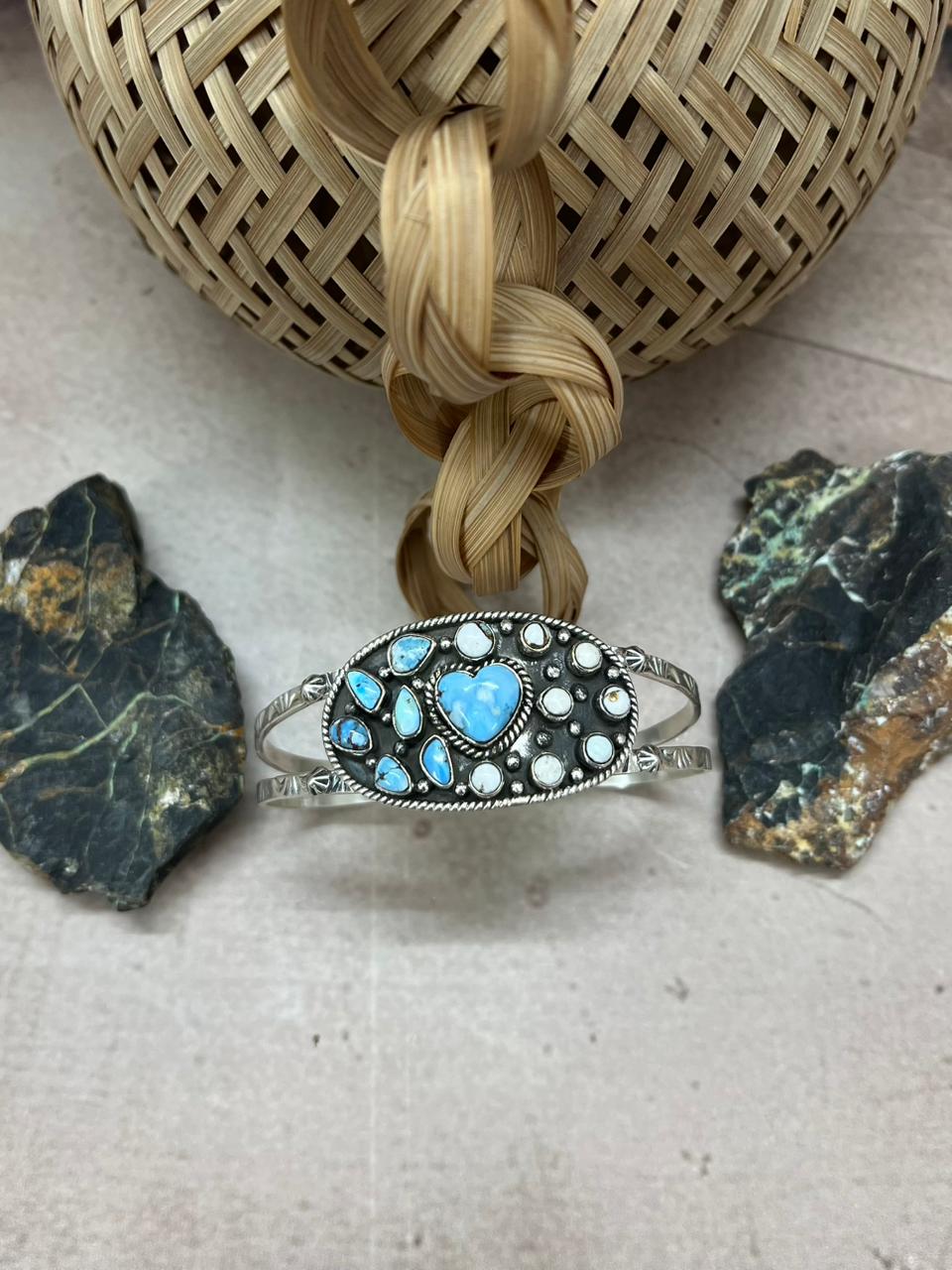 Handmade Sterling Silver Golden Hills with White Collection Bracelet "Signed Nizhoni"