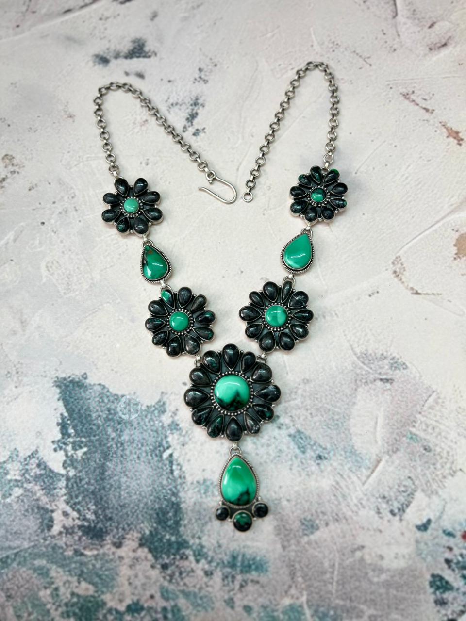 Handmade Sterling Silver Emerald Rose Necklace "Signed Nizhoni"