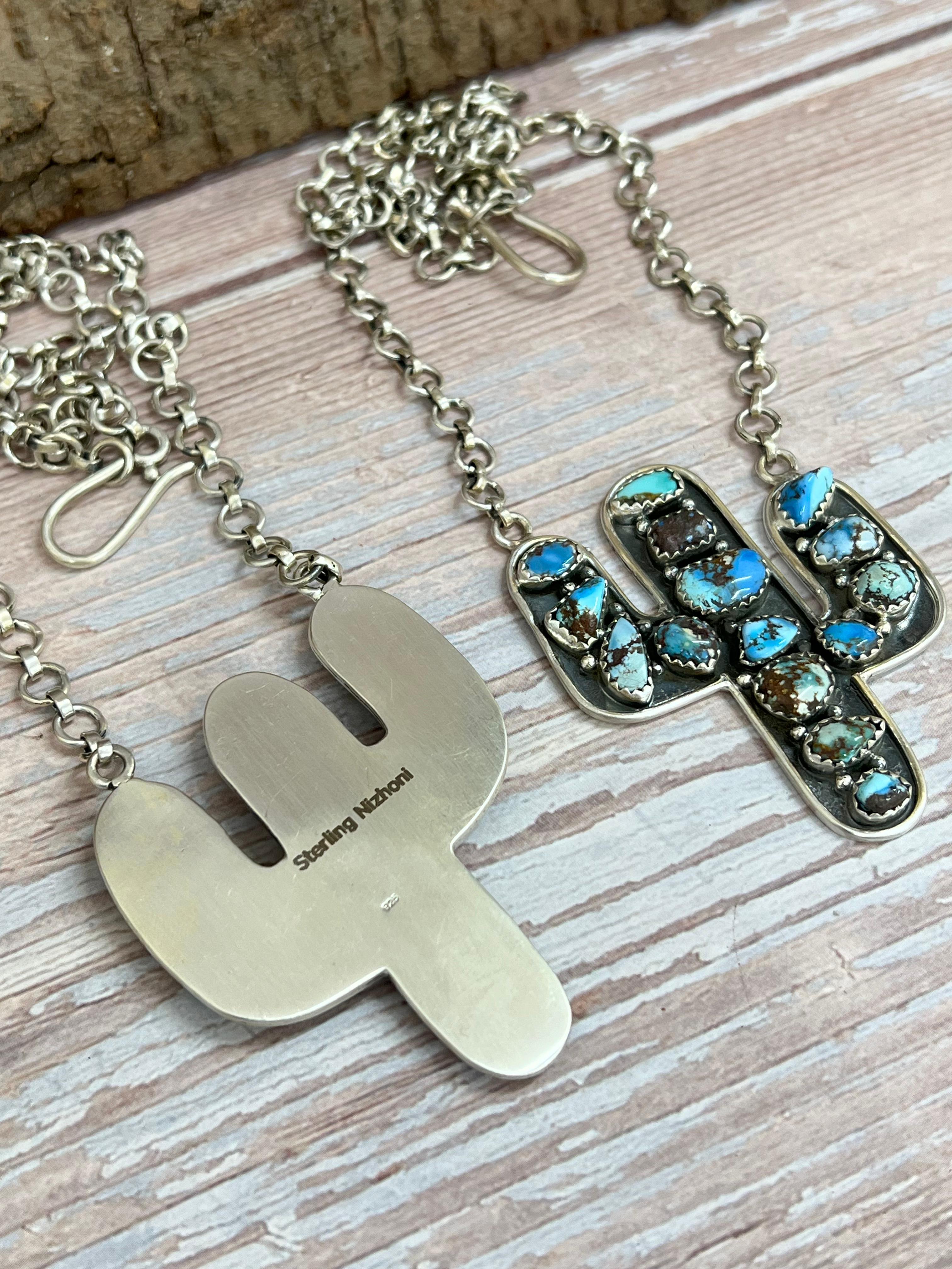 Handmade Sterling Silver Golden Hill Turquoise, Sonoran Cactus Necklace with Signed Nizhoni
