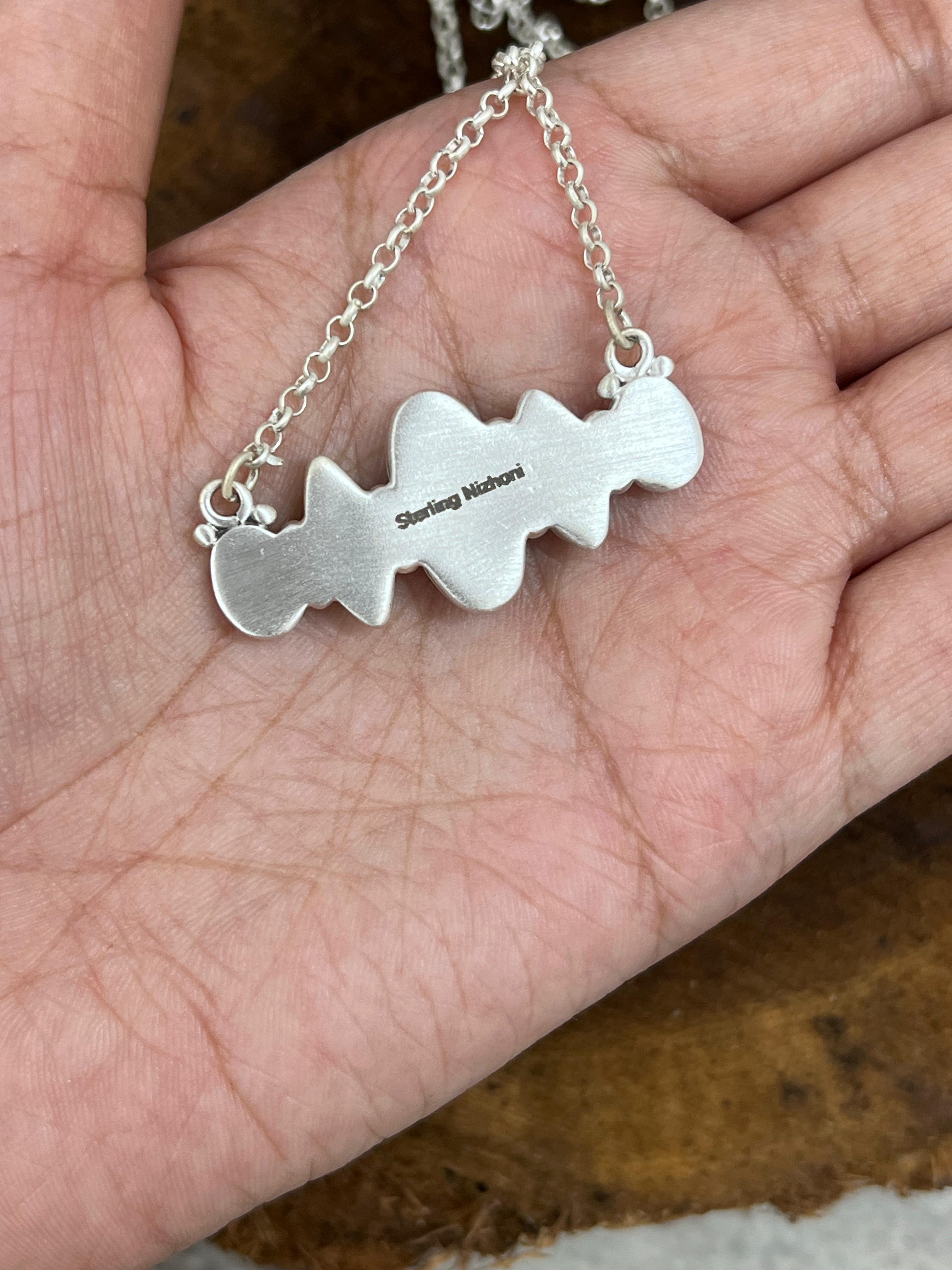 Handmade Sterling Silver Dahlia Rose with Emerald Valley Bar Necklace with Signed Nizhoni