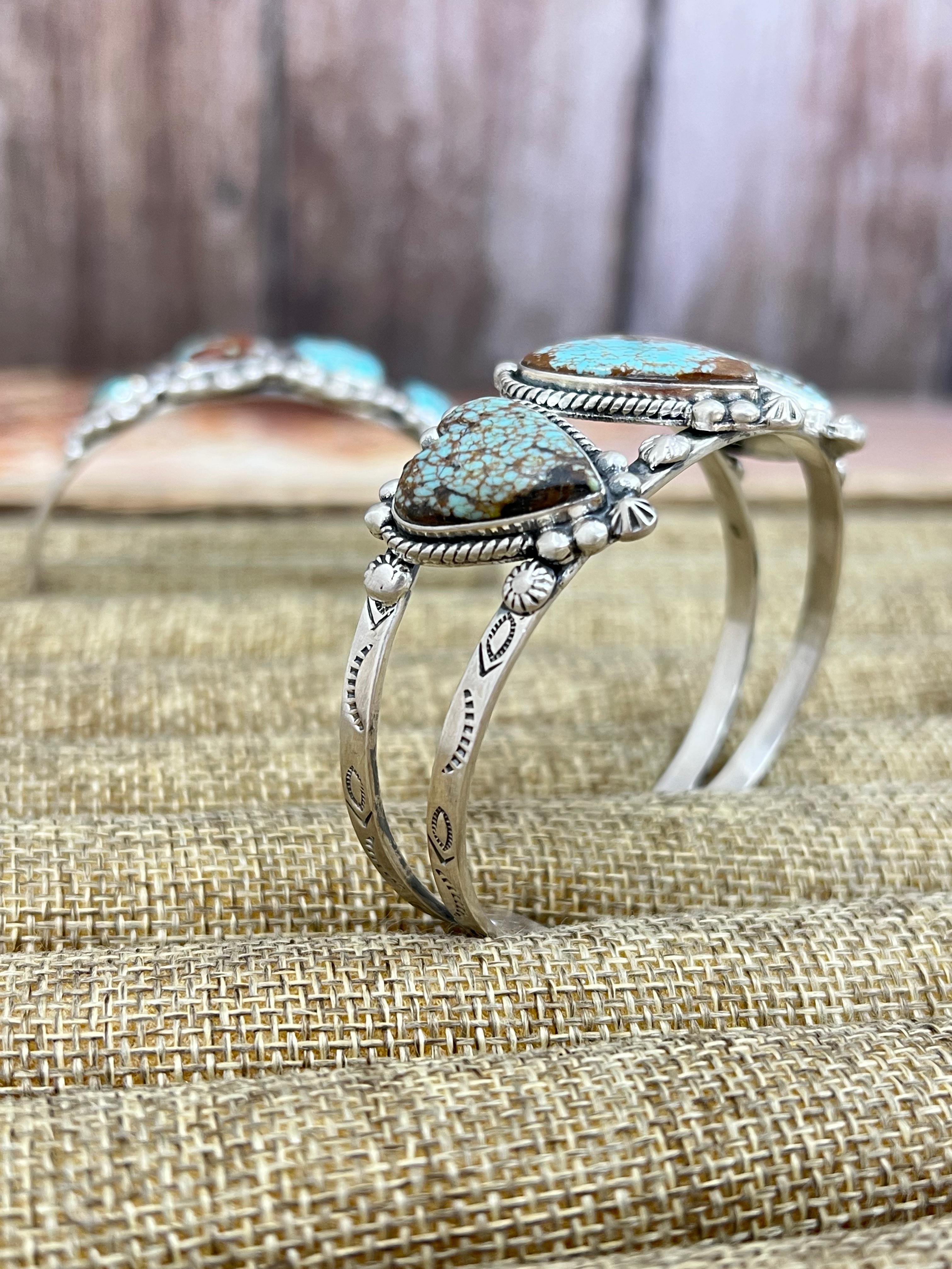 Handmade Sterling Silver Number 8 Turquoise Cuff Bracelet with Signed Nizhoni