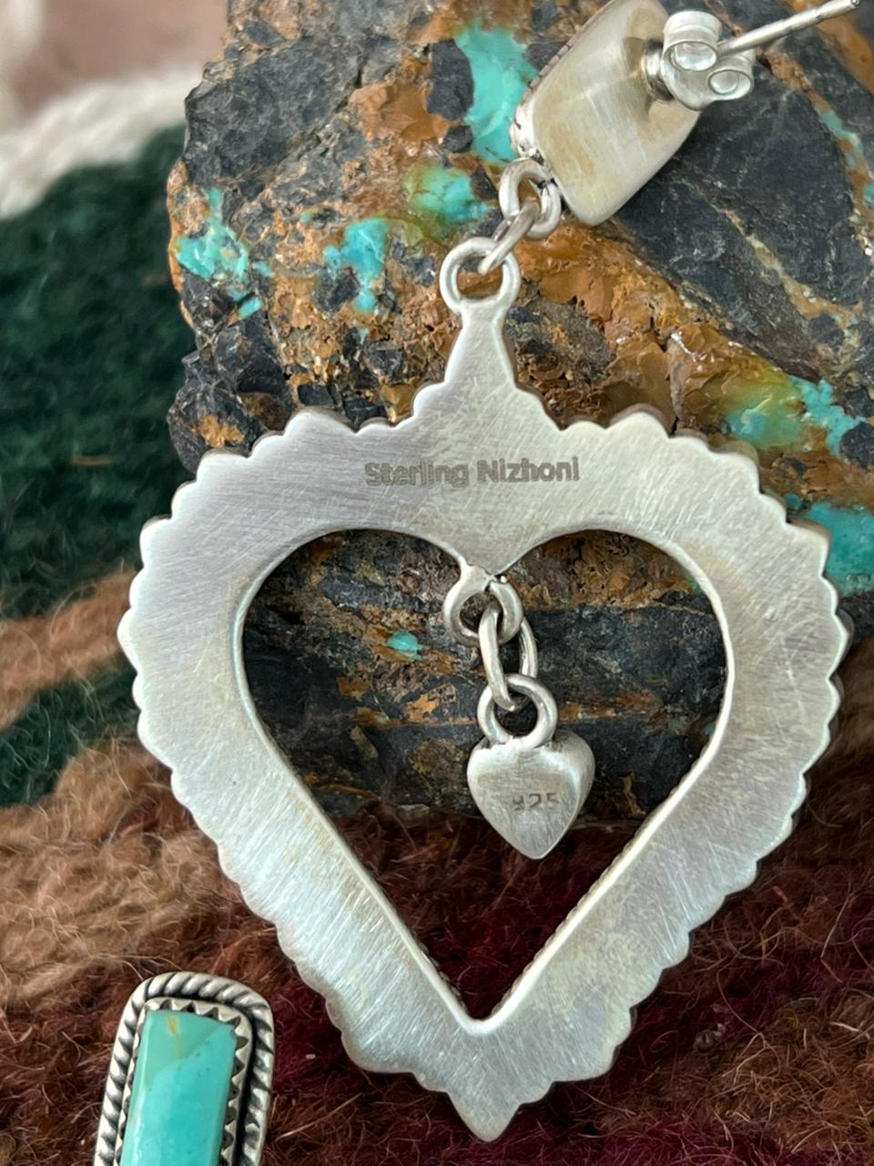 Handmade Sterling Silver Kingman Turquoise Heart Shape Post Dangle Earrings "Signed Nizhoni"