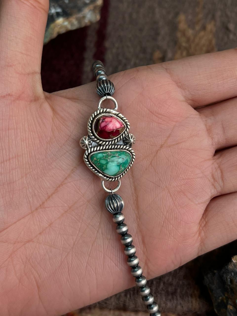 Handmade Sterling Silver Dahlia Rose with Emerald Valley Turquoise Beaded Bracelet "Signed Nizhoni"