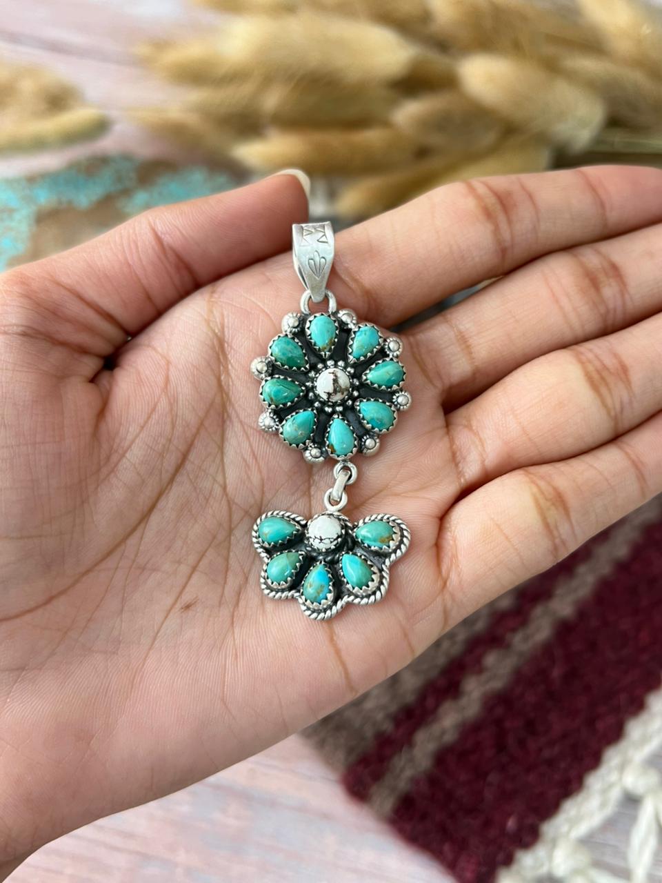 Handmade Sterling Silver Kingman Turquoise with Wildhorse Magnesite Pendant "Signed Nizhoni"