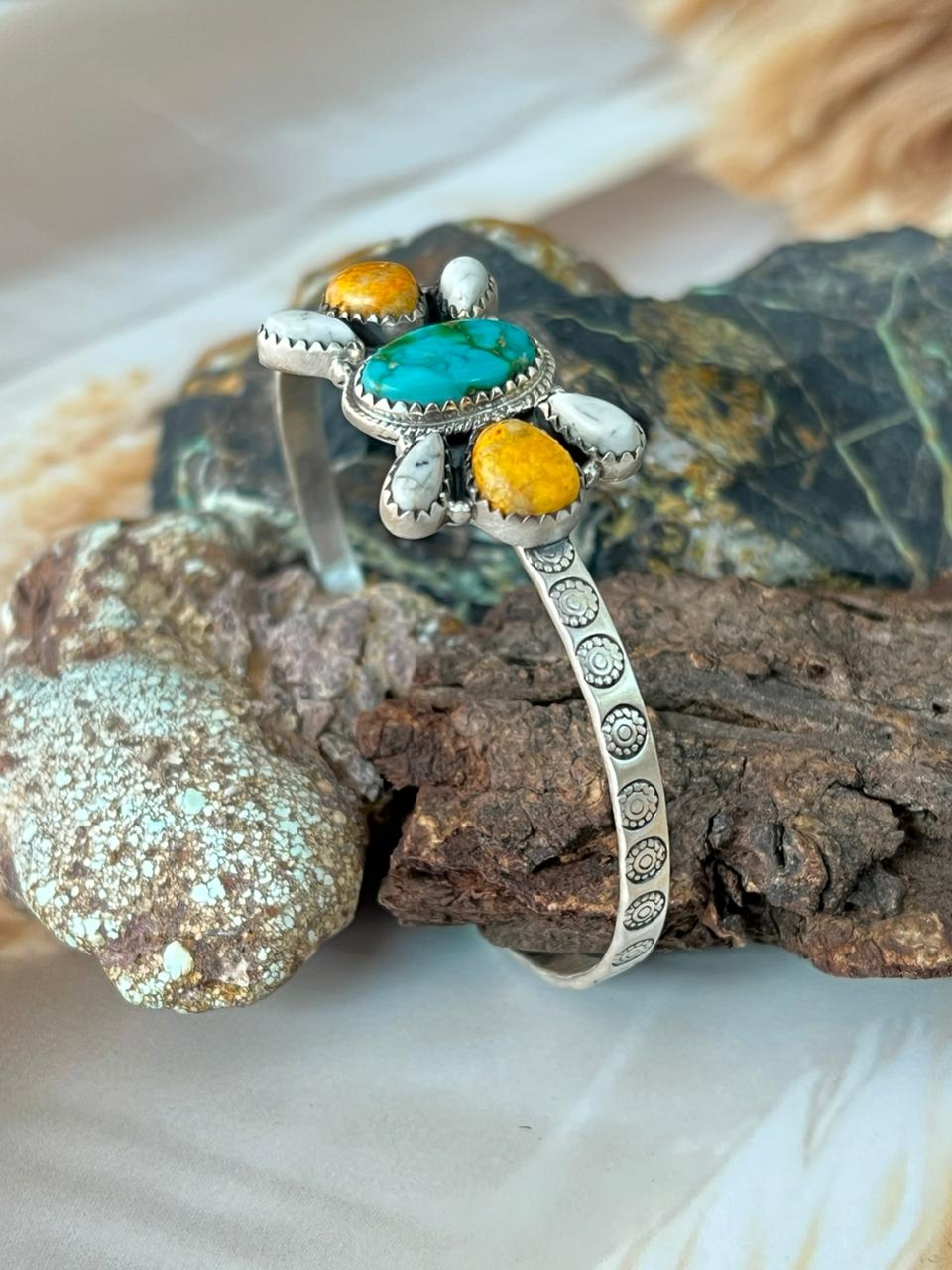 Handmade Sterling Silver Spring Collection: Bumblebee with Sonoran and White Buffalo Bracelet "Signed Nizhoni"