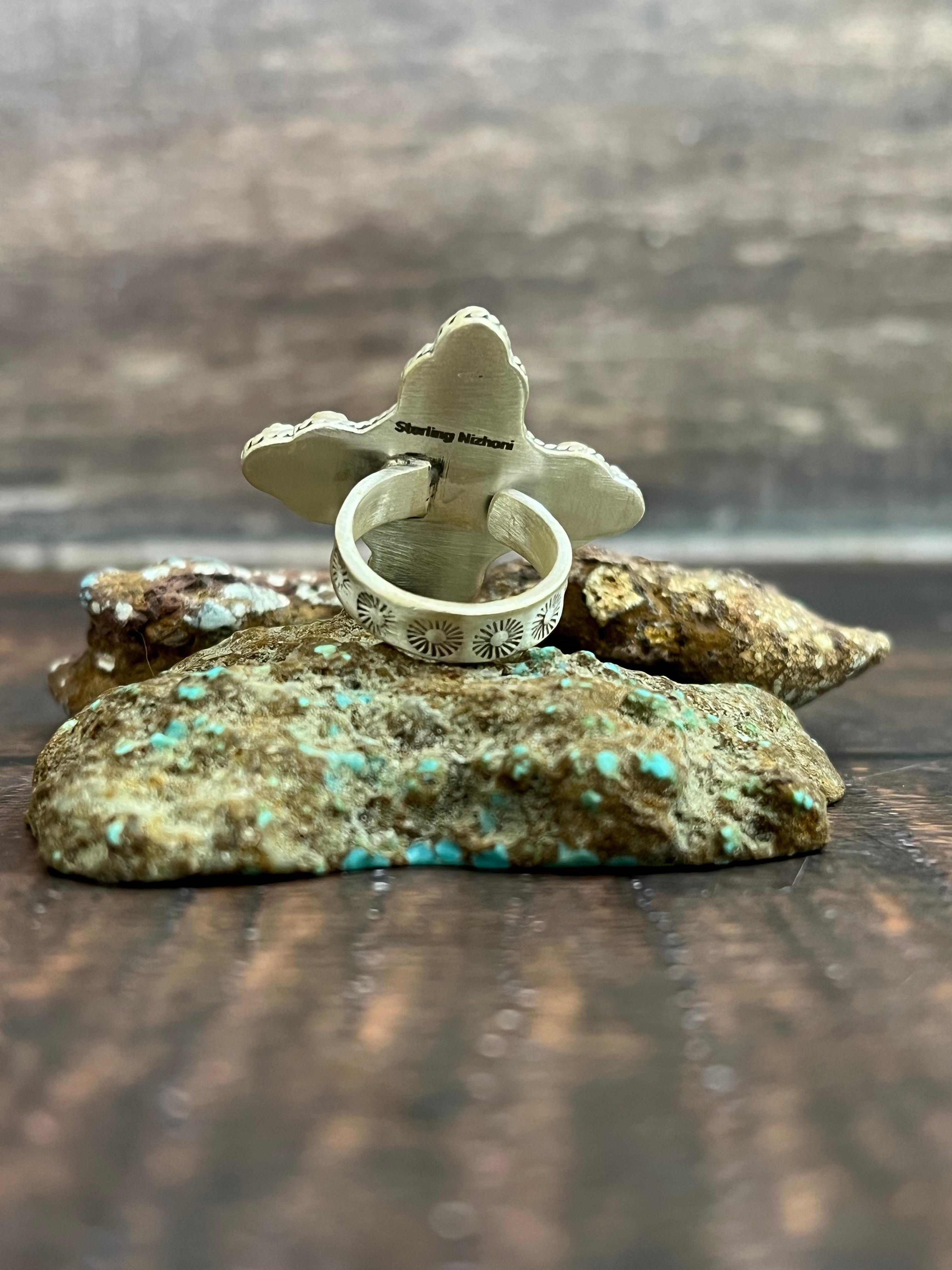Handmade Sterling Silver Kingman Turquoise Adjustable Ring, Signed Nizhoni