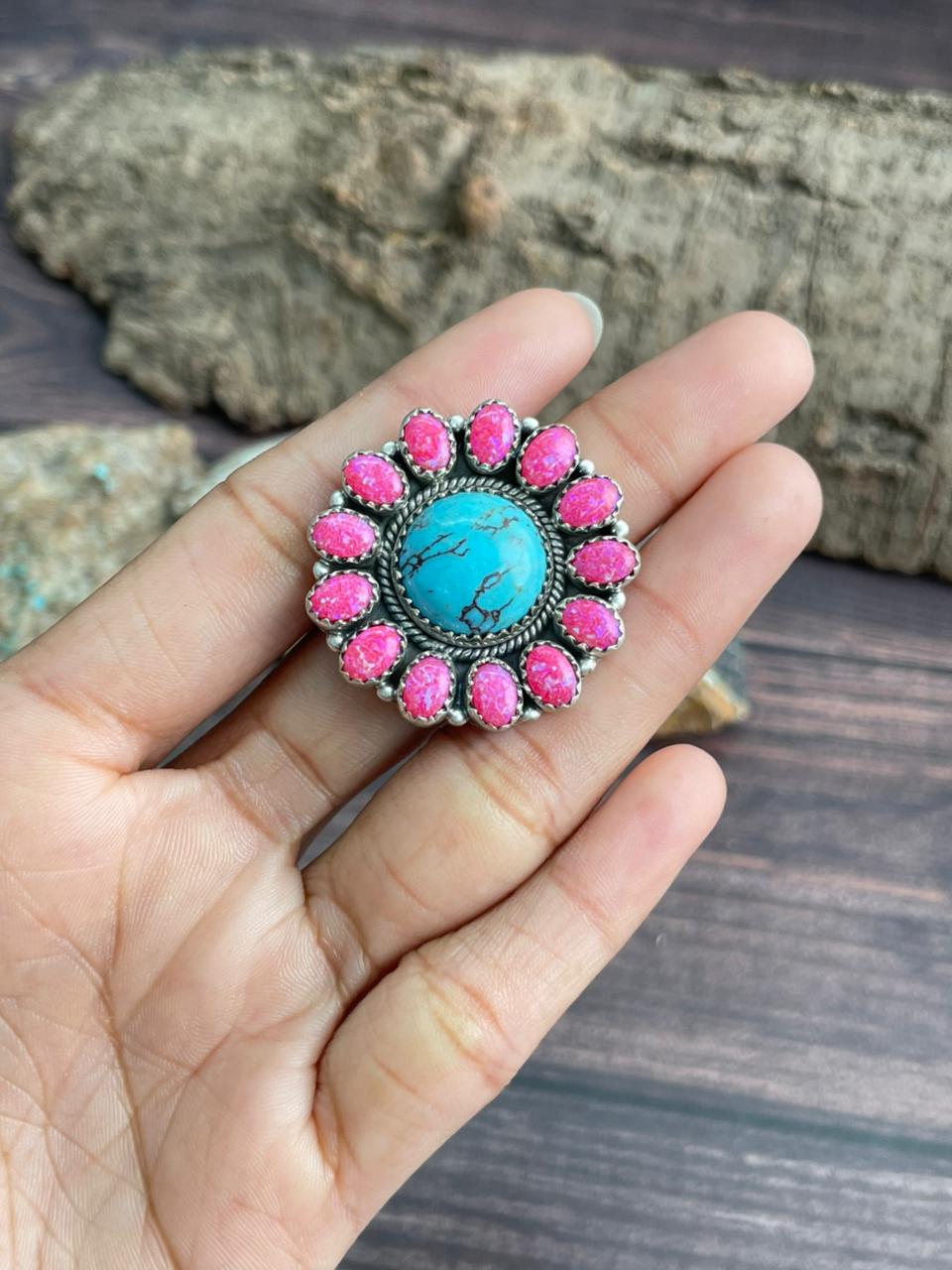 Handmade Sterling Silver Arizona Turquoise with Hot Pink Adjustable Ring "Signed Nizhoni"