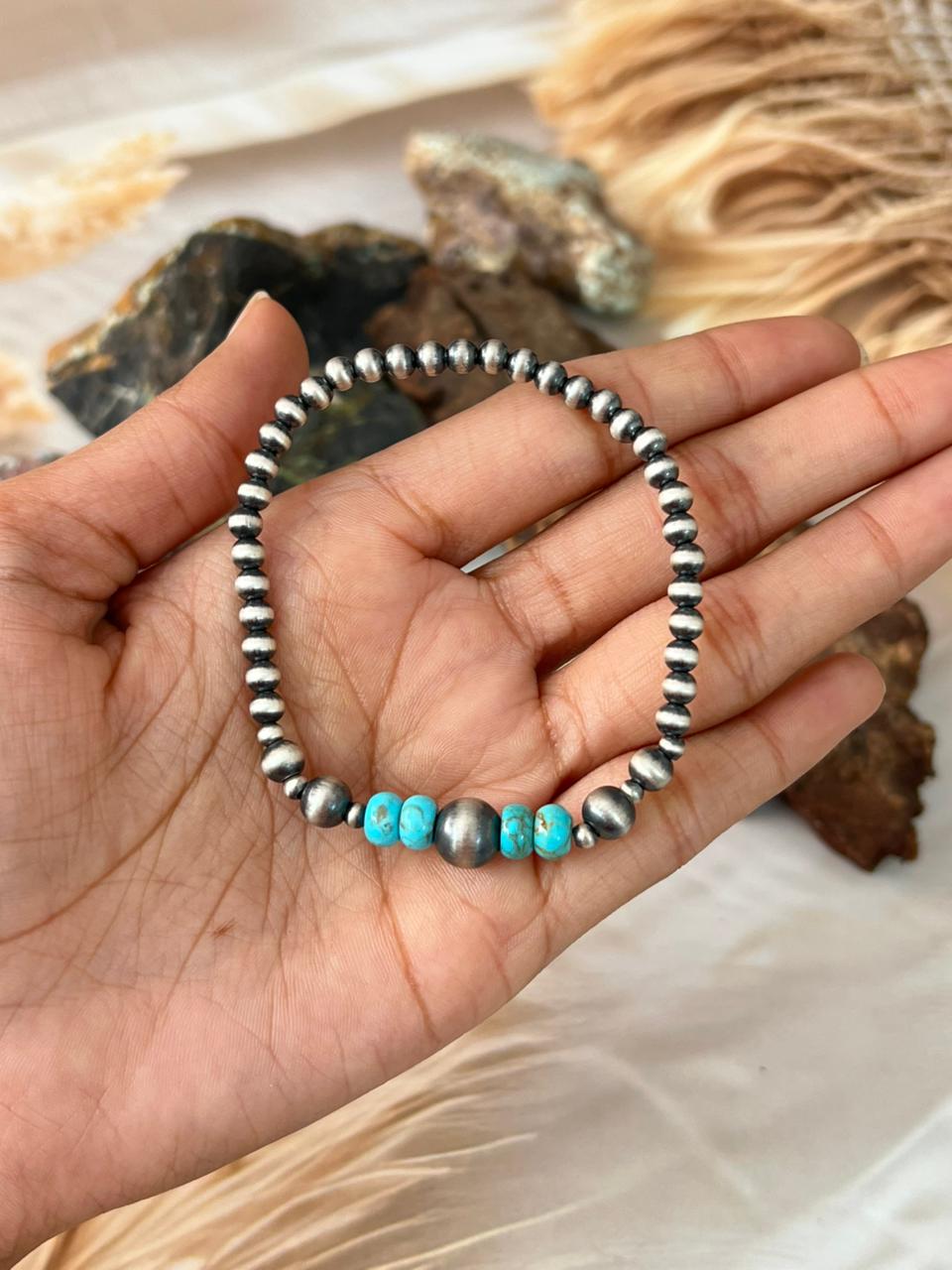 Handmade Sterling Silver Kingman Turquoise Stretch Beaded Bracelet