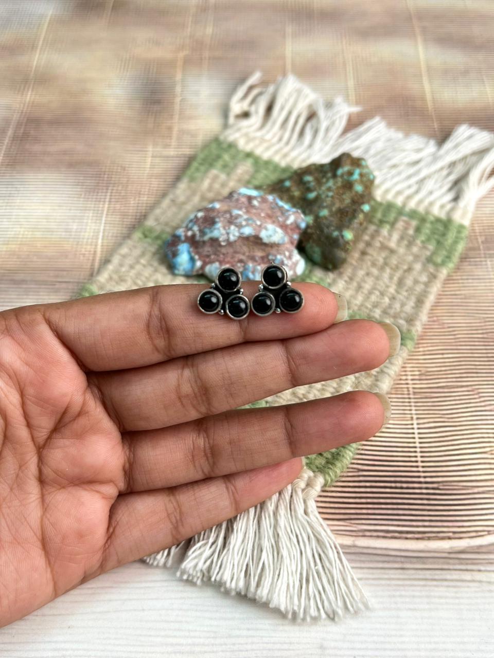 Handmade Sterling Silver Black Onyx Post Studs Earrings "Signed Nizhoni"