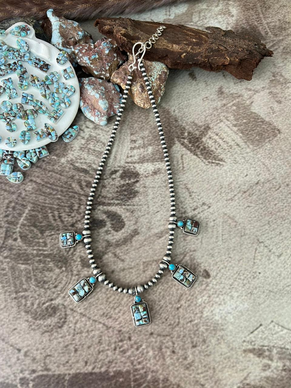 Handmade Sterling Silver 'Golden Hills Turquoise Cobble Collection' Beaded Necklace "Signed Nizhoni"