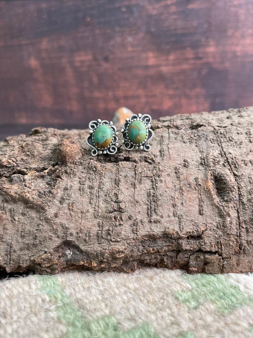 Handmade Sterling Silver Kingman Turquoise Post Studs Earrings "Signed Nizhoni"