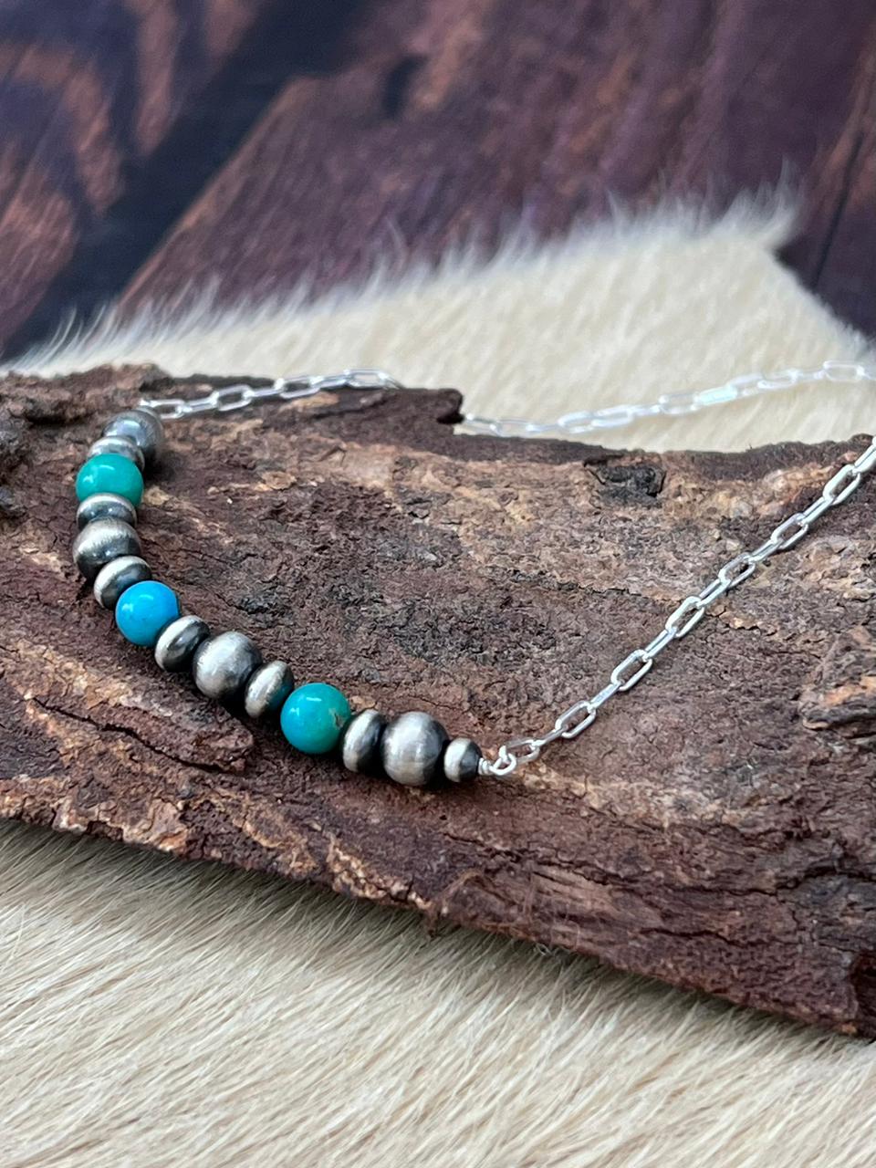 Handmade Sterling Silver Kingman Turquoise Beaded Necklace "Signed Nizhoni"