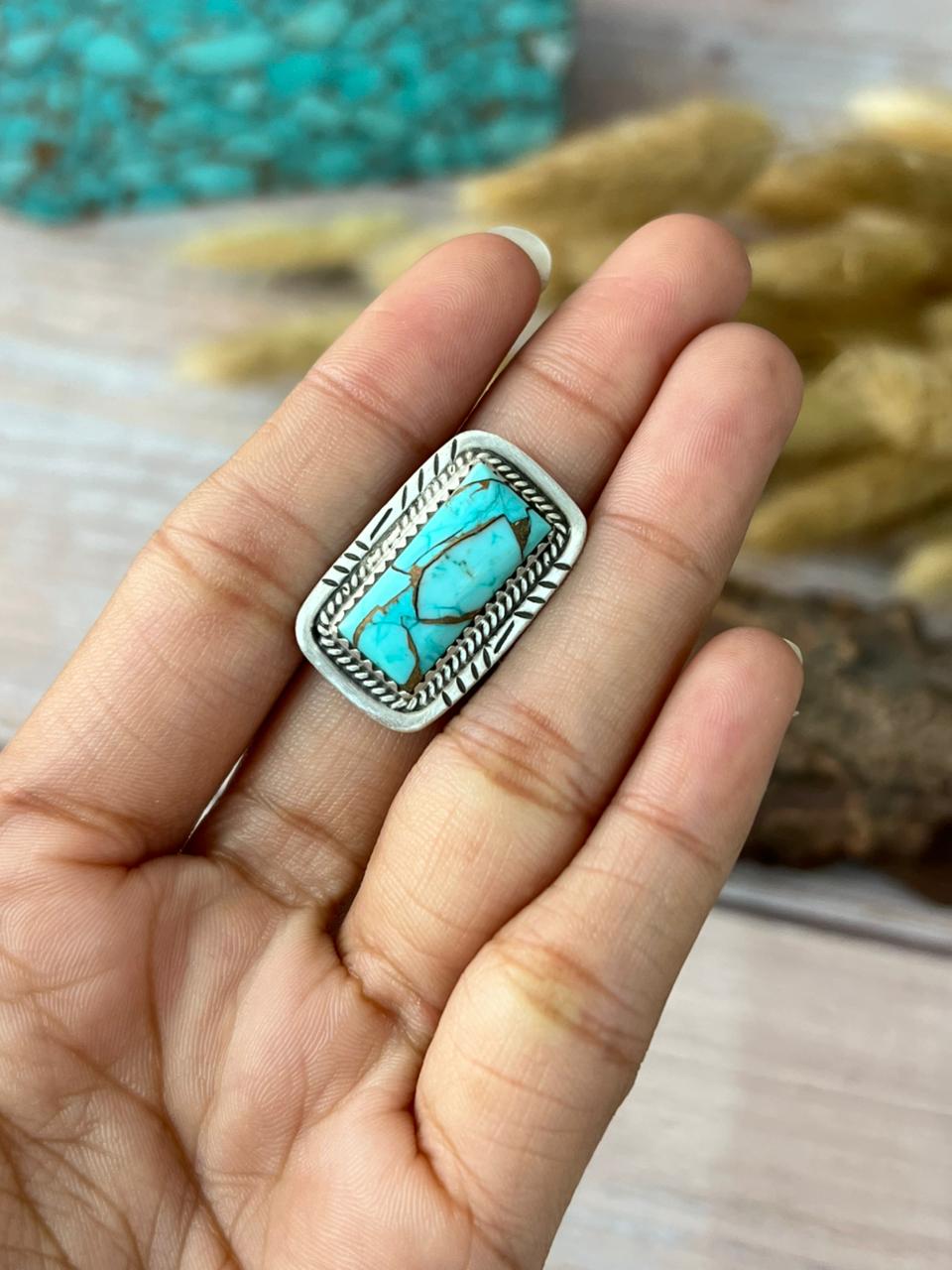 Handmade Sterling Silver Mint Dahlia Collection: Adjustable Bar Ring "Signed Nizhoni" (5)