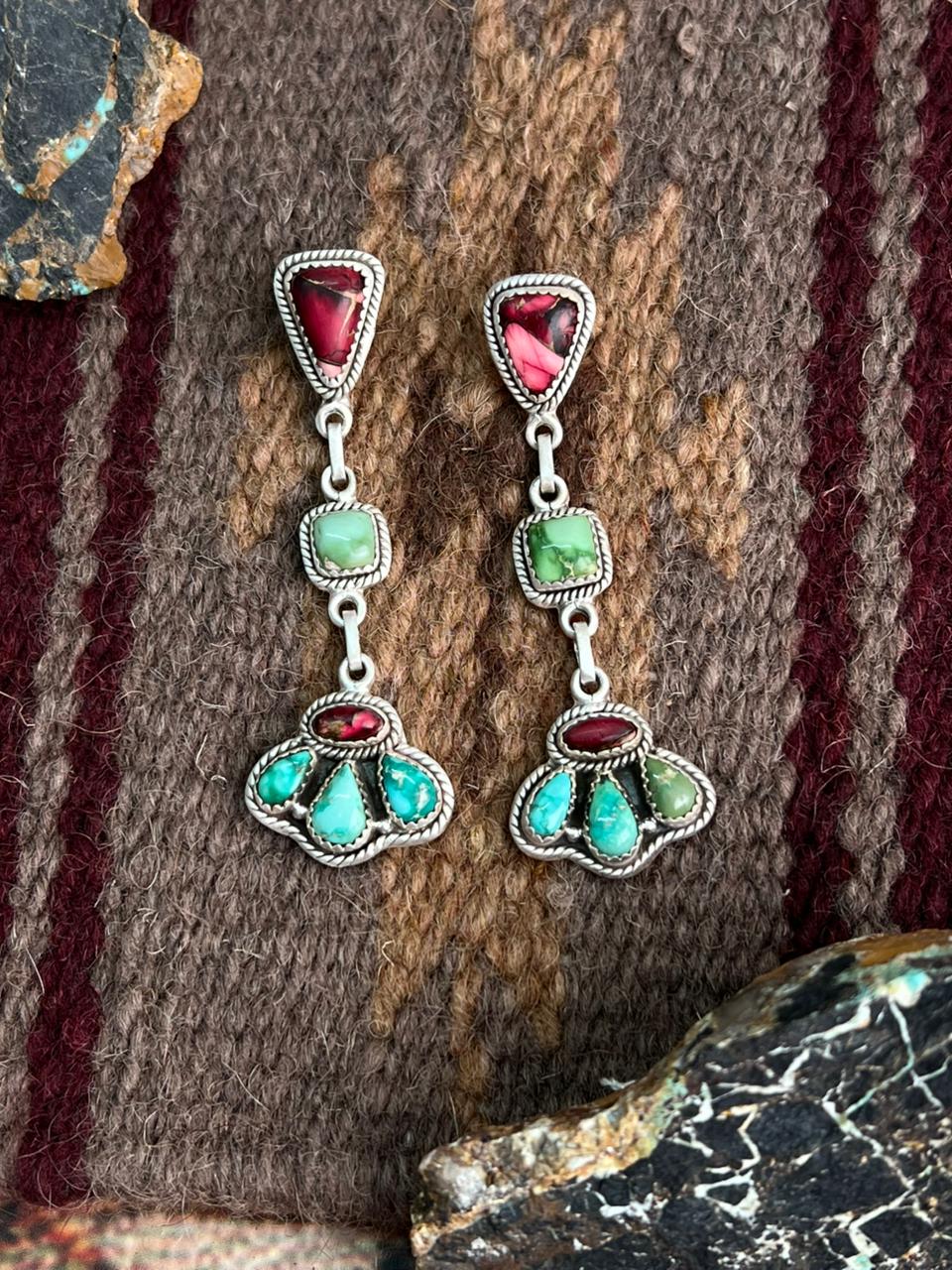 Handmade Sterling Silver Dahlia Rose with Emerald Valley Turquoise Post Earrings "Signed Nizhoni"