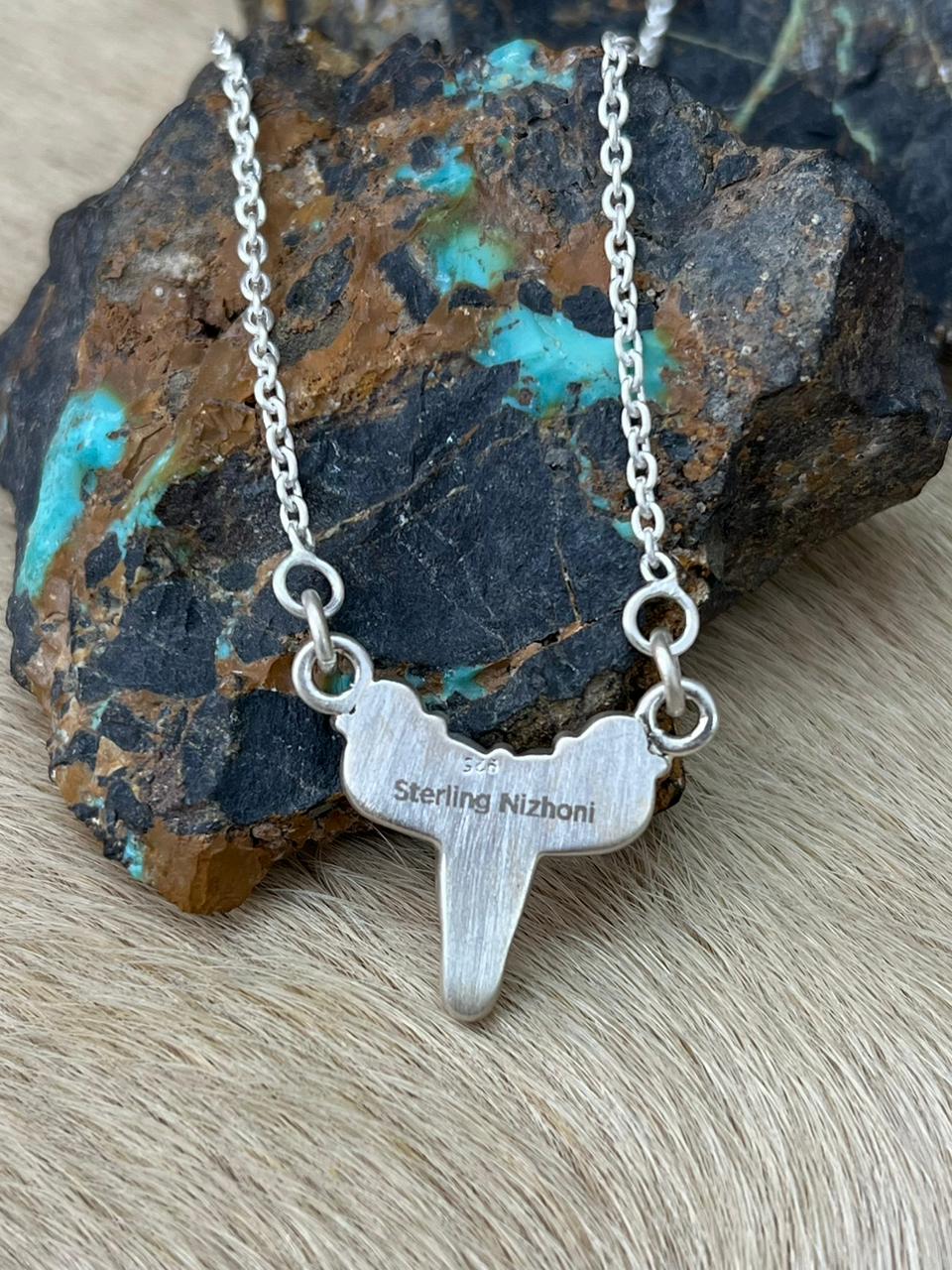 Handmade Sterling Silver Kingman Turquoise Bull Necklace "Signed Nizhoni"