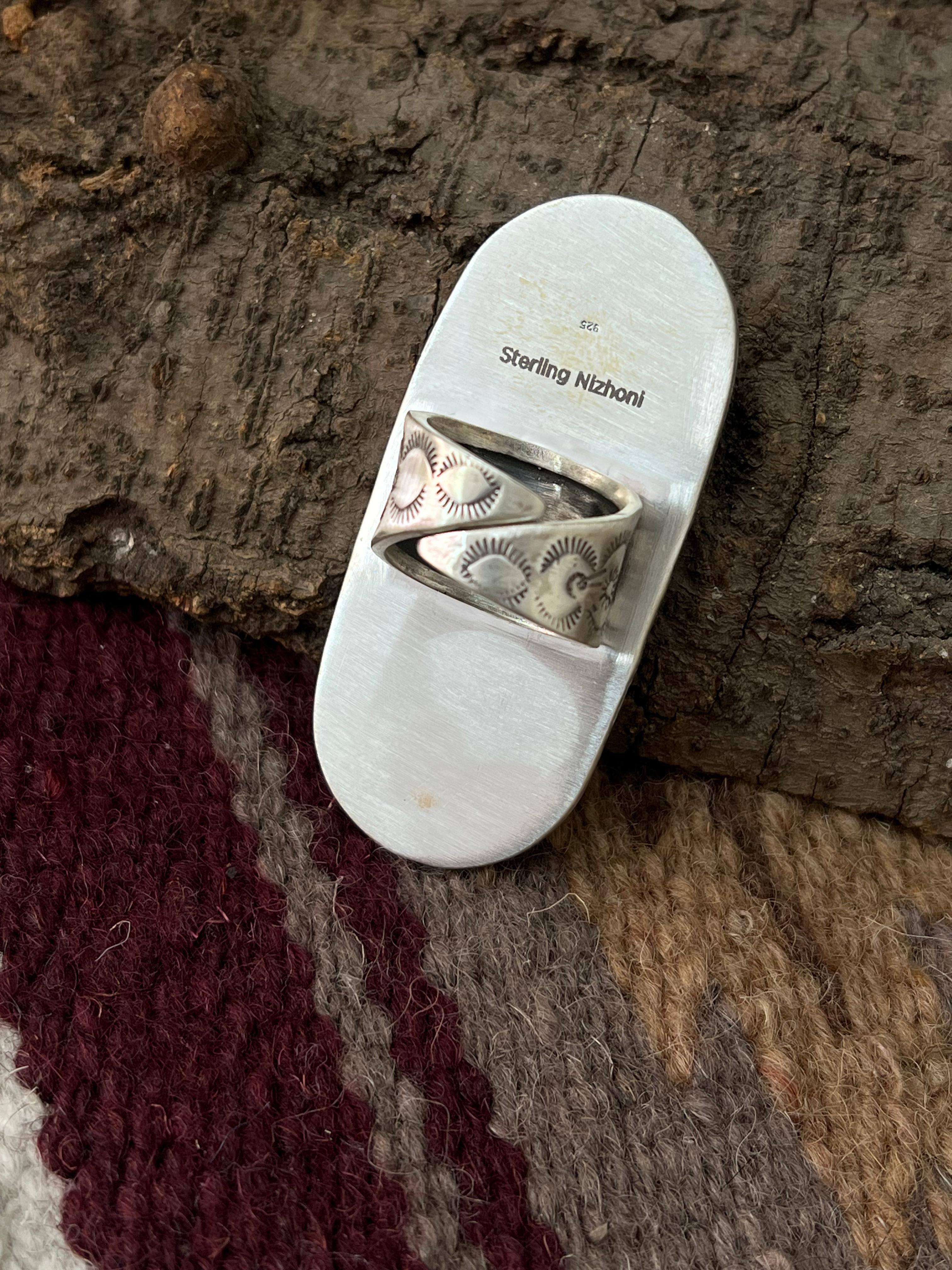 Handmade Sterling Silver with Golden Hills Turquoise Adjustable Ring with Signed Nizhoni