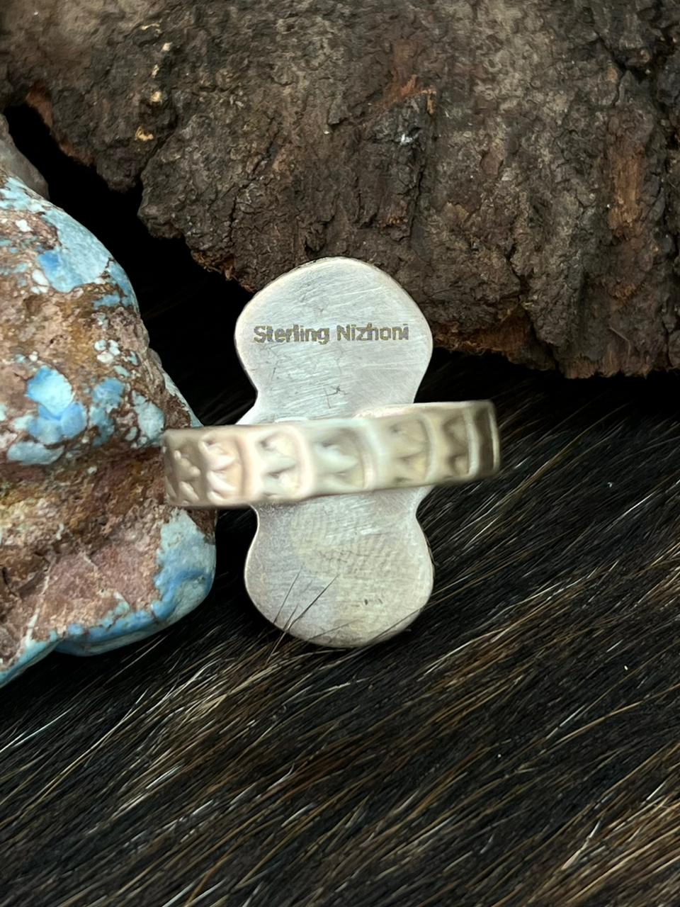 Handmade Sterling Silver Emerald Valley Turquoise Adjustable Ring "Signed Nizhoni"