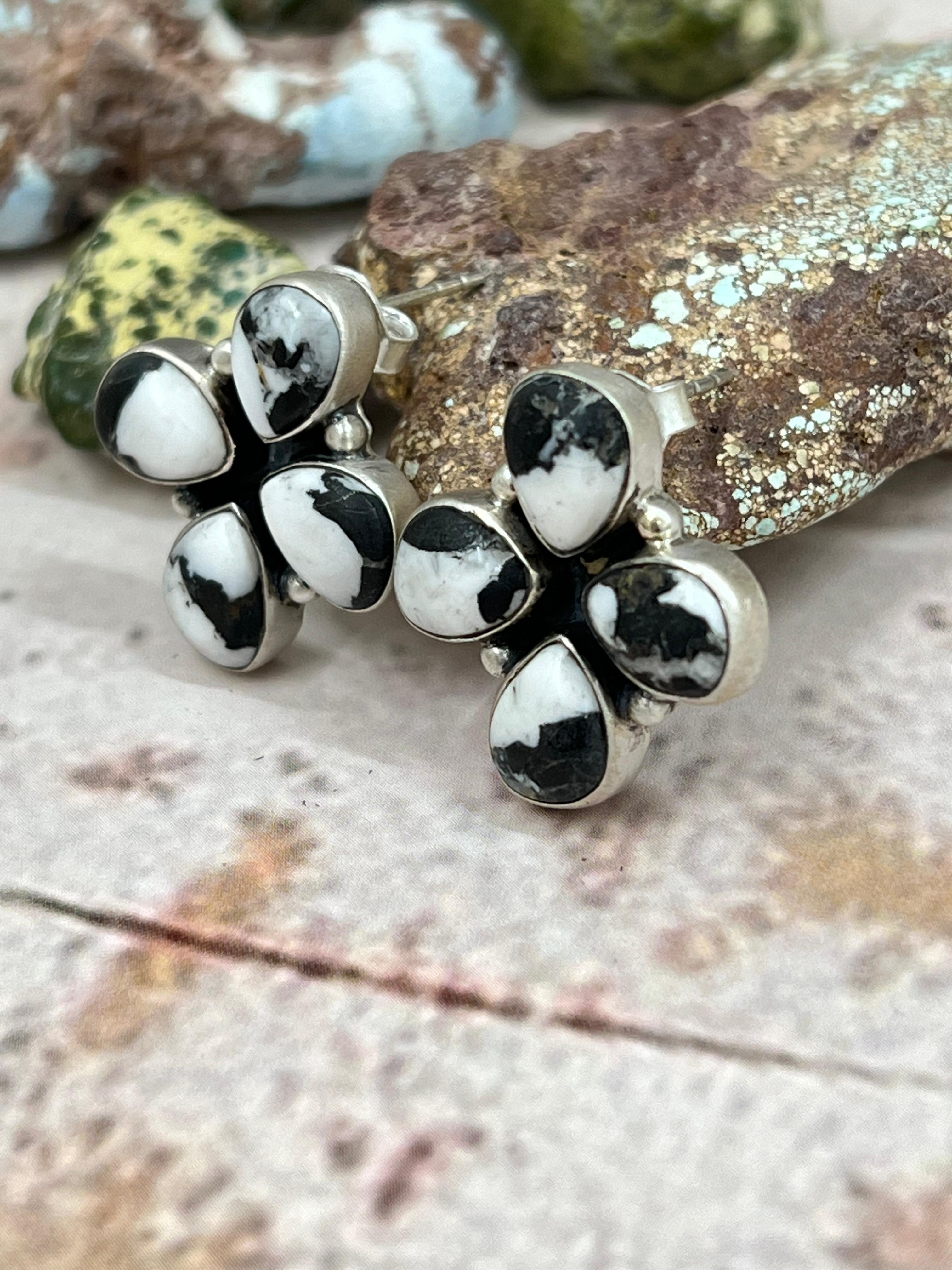 Handmade Sterling Silver White Buffalo Turquoise Earrings with Signed Nizhoni