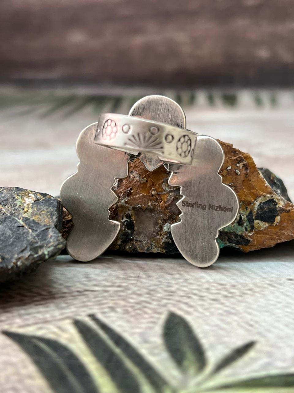 Handmade Sterling Silver Blackjack Turquoise Adjustable Ring " Signed Nizhoni"