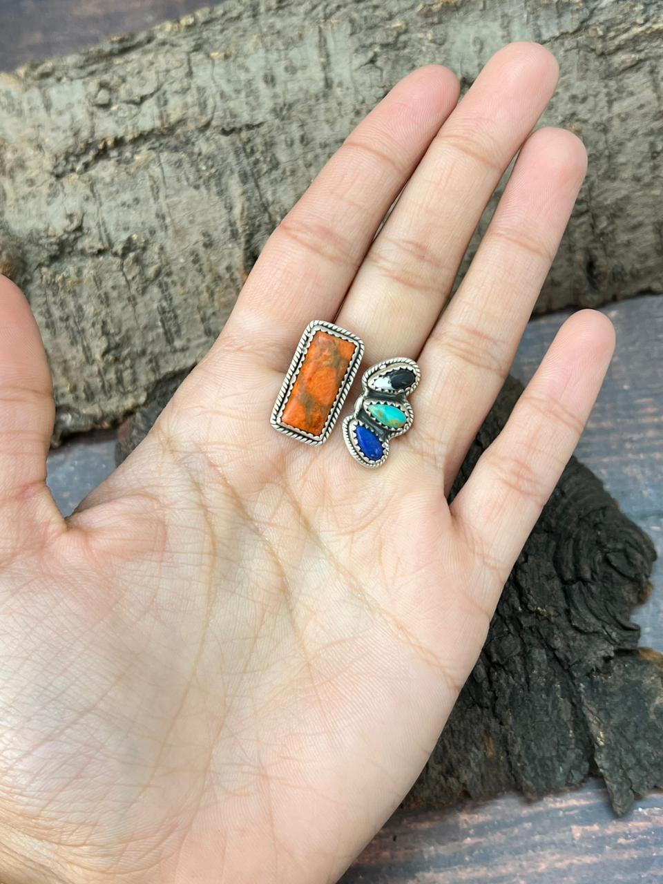 Handmade Sterling Silver Orange Mohave with White Buffalo, Kingman, Lapis Adjustable Ring "Signed Nizhoni"