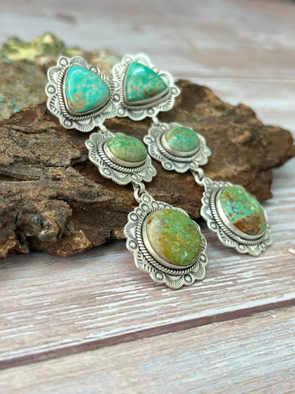 Handmade Sterling Silver Mantis Turquoise Post Dangle Earrings with Signed Nizhoni