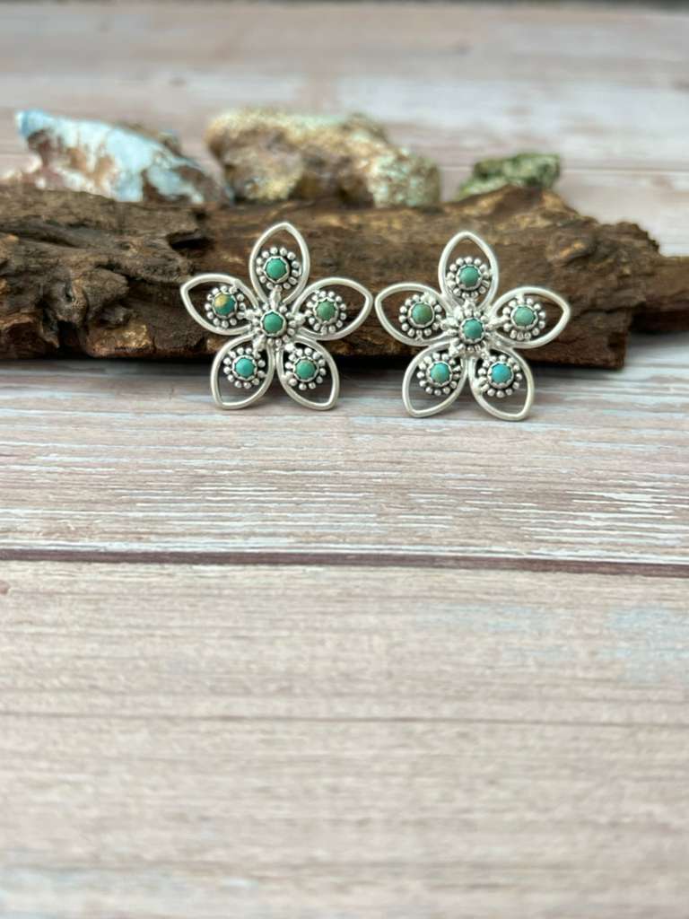 Handmade Sterling Silver Kingman Turquoise Post Studs with Signed Nizhoni